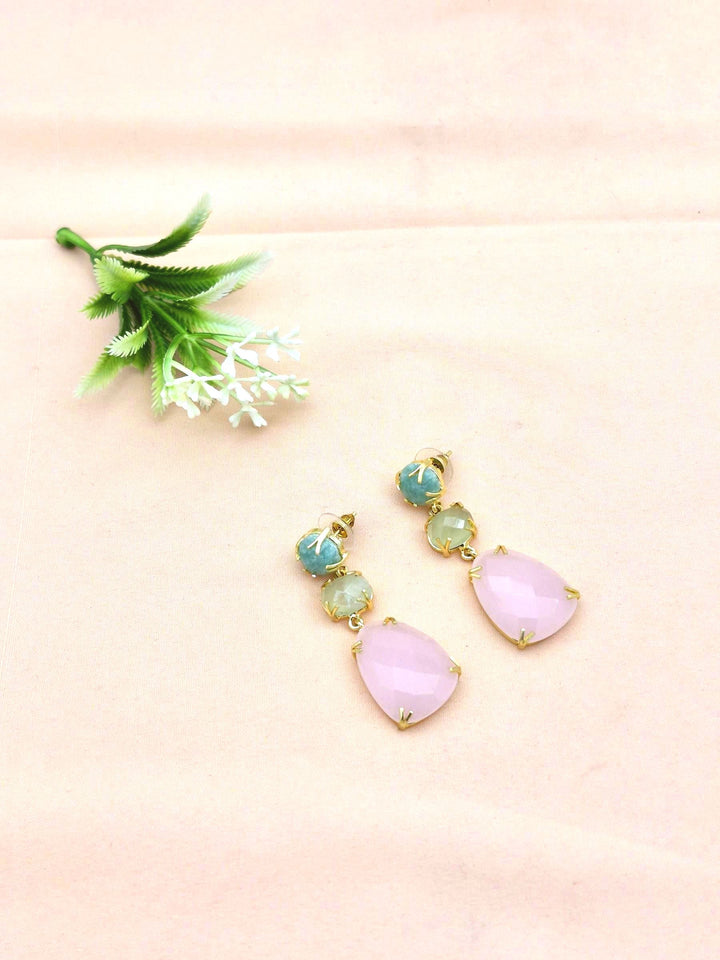 Stunning Gold Plated Prong Dangle Earrings- Handcrafted Semi Precious Stone Jewelry