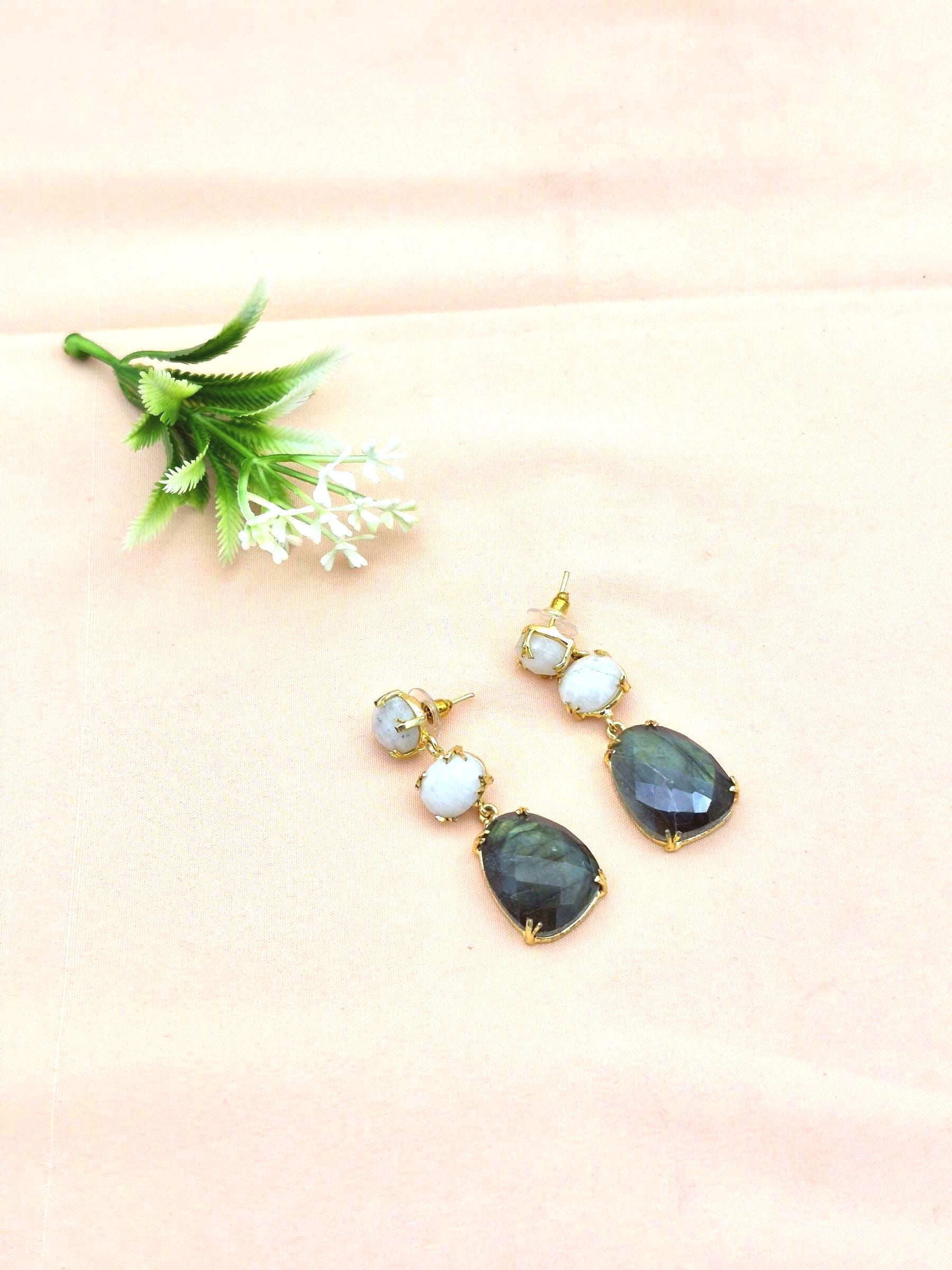 Stunning Gold Plated Prong Dangle Earrings- Handcrafted Semi Precious Stone Jewelry