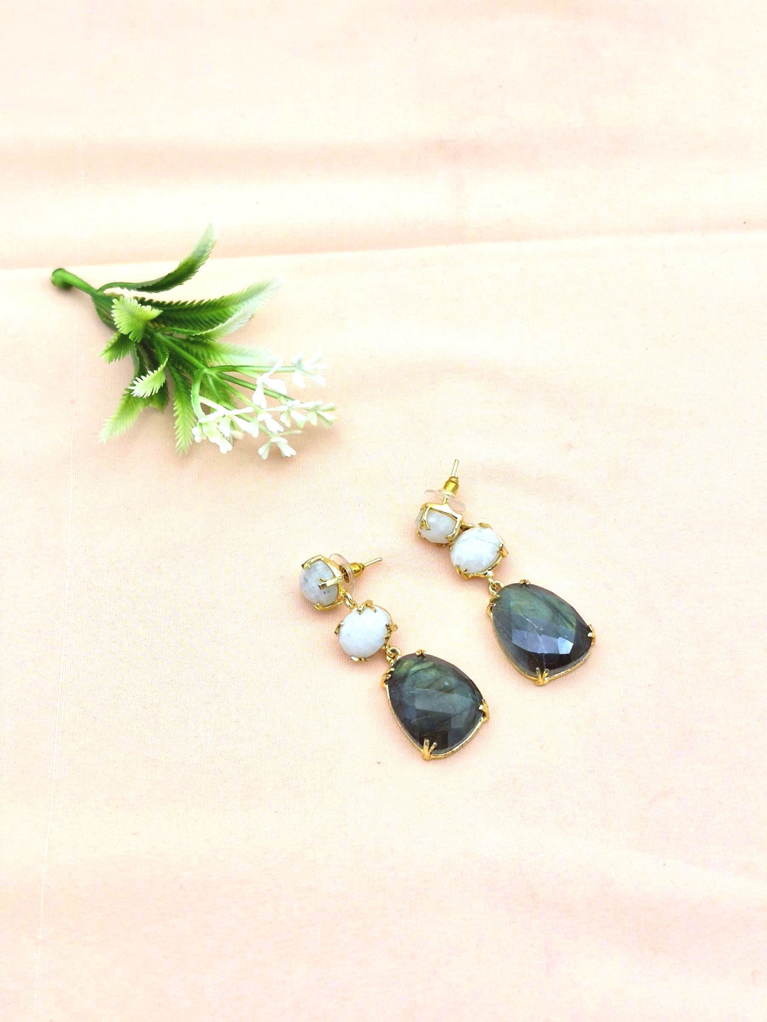 Stunning Gold Plated Prong Dangle Earrings- Handcrafted Semi Precious Stone Jewelry