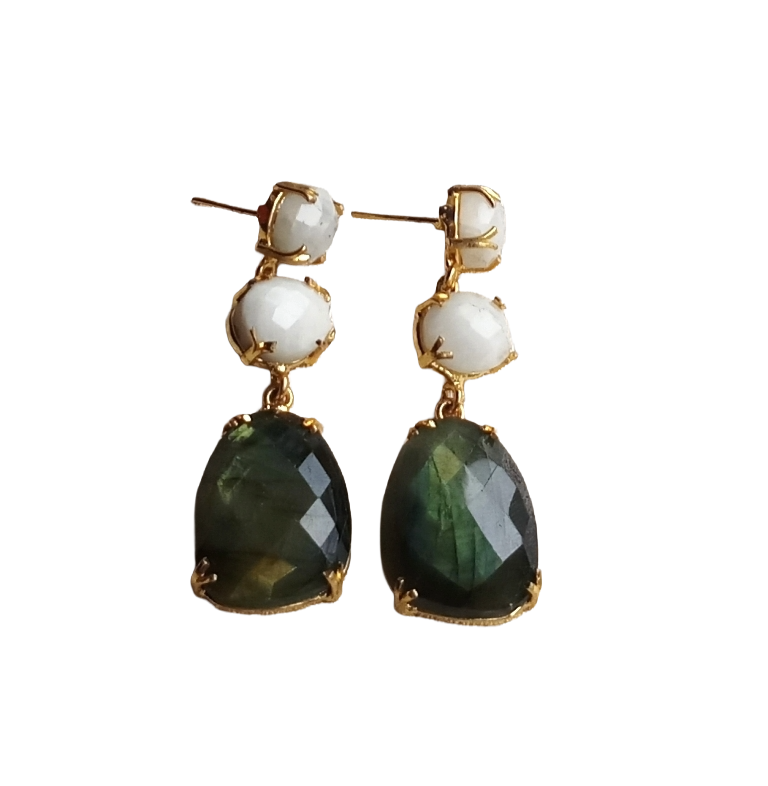 Stunning Gold Plated Prong Dangle Earrings- Handcrafted Semi Precious Stone Jewelry