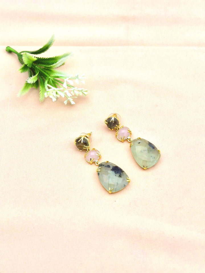 Stunning Gold Plated Prong Dangle Earrings- Handcrafted Semi Precious Stone Jewelry