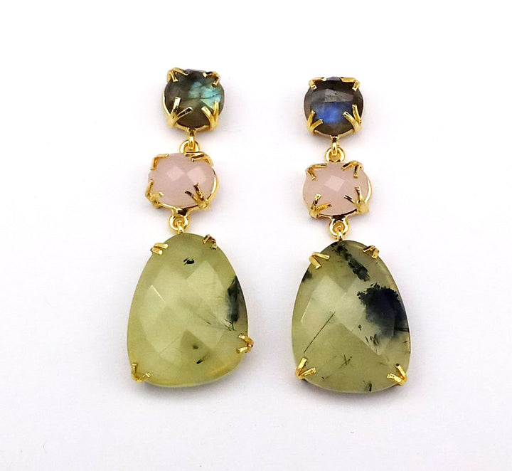 Stunning Gold Plated Prong Dangle Earrings- Handcrafted Semi Precious Stone Jewelry