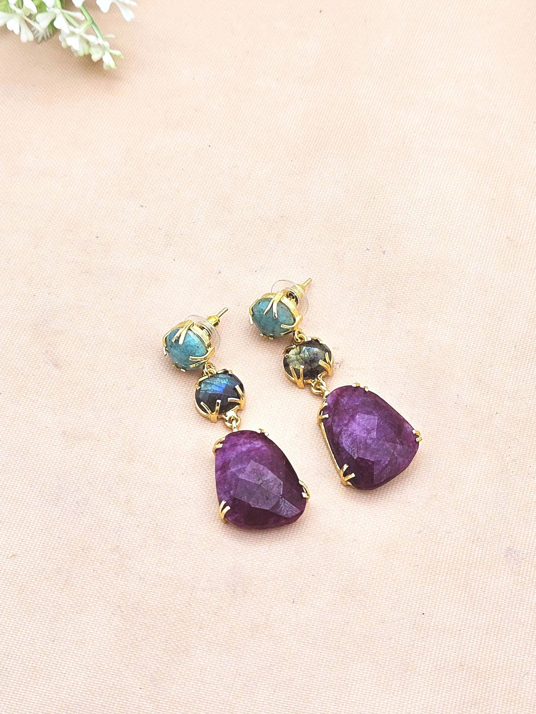 Charming Gold Plated Fine Amazonite-Labradorite-Red Hathipara Prong Setting Designer Light Weight Dangle Drop Earrings