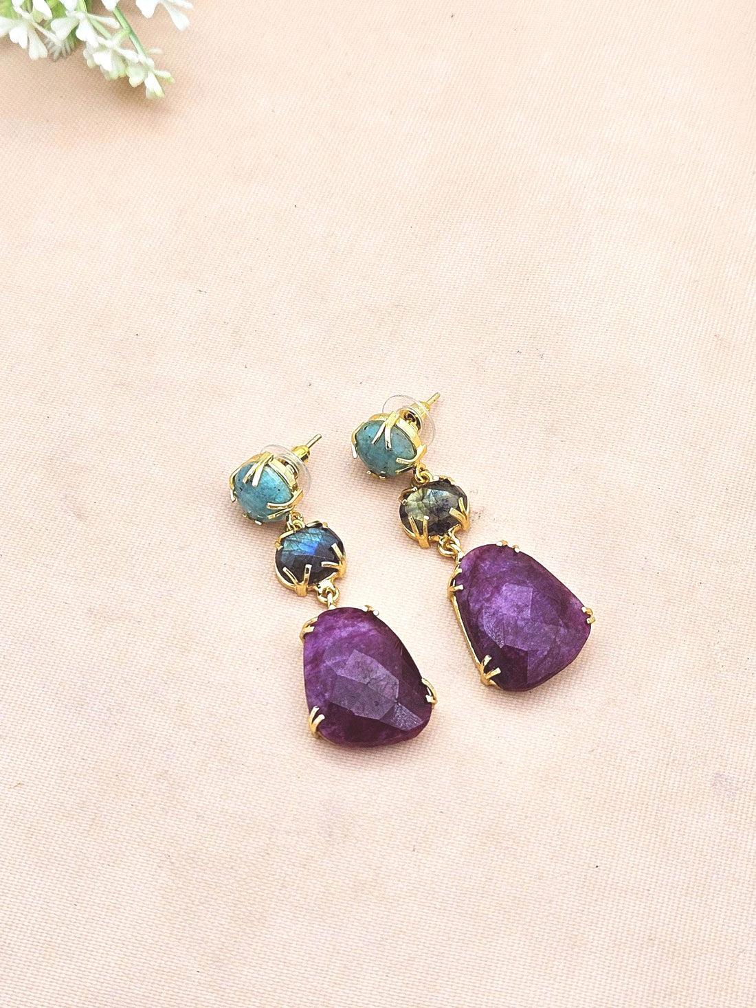 Charming Gold Plated Fine Amazonite-Labradorite-Red Hathipara Prong Setting Designer Light Weight Dangle Drop Earrings