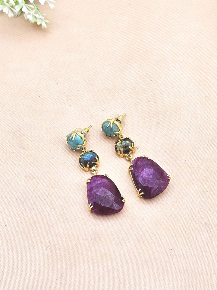 Charming Gold Plated Fine Amazonite-Labradorite-Red Hathipara Prong Setting Designer Light Weight Dangle Drop Earrings