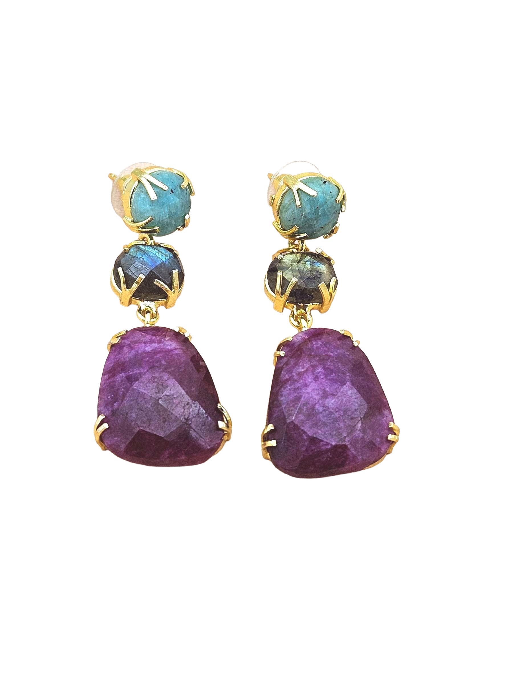 Charming Gold Plated Fine Amazonite-Labradorite-Red Hathipara Prong Setting Designer Light Weight Dangle Drop Earrings