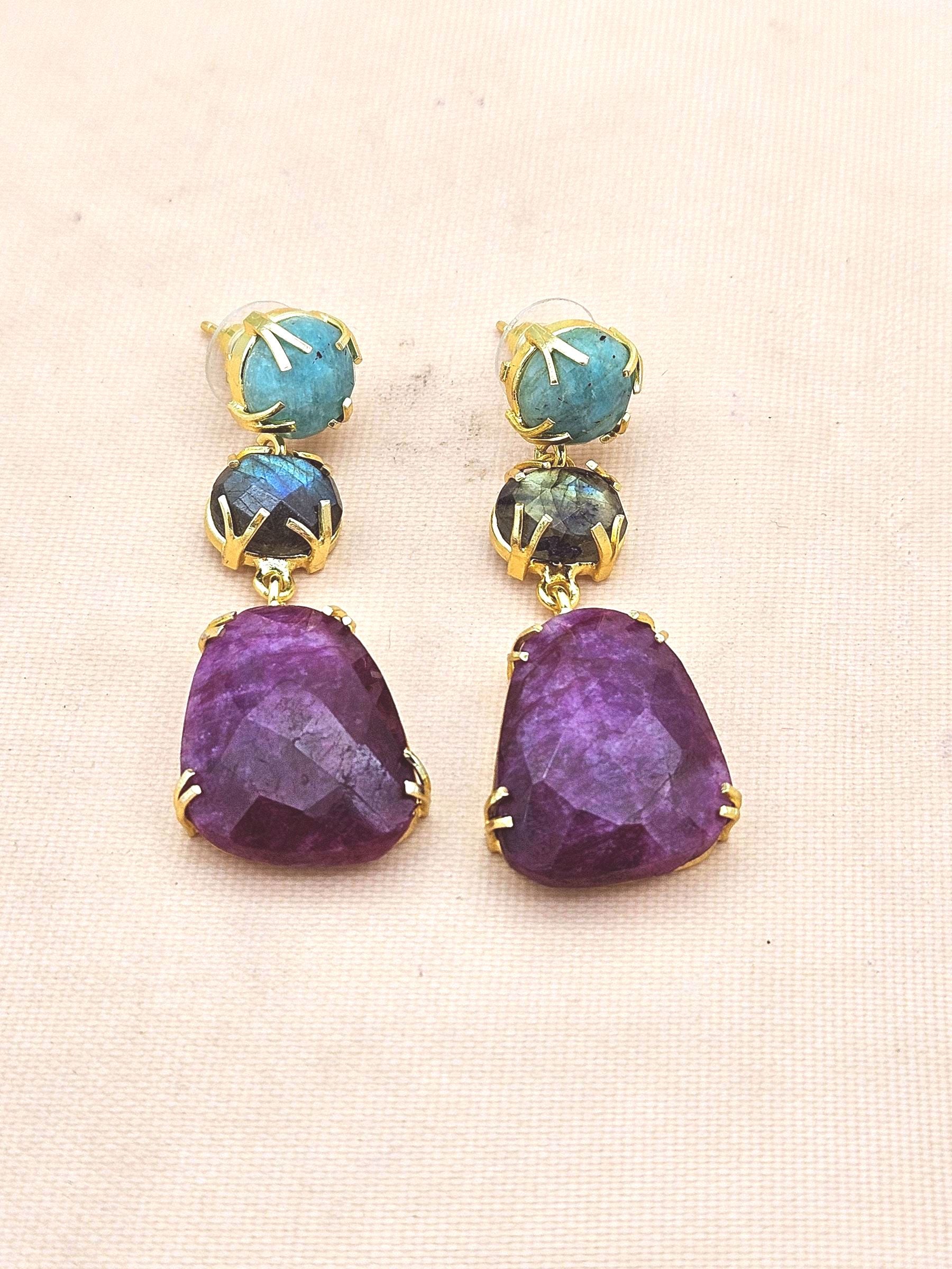 Charming Gold Plated Fine Amazonite-Labradorite-Red Hathipara Prong Setting Designer Light Weight Dangle Drop Earrings