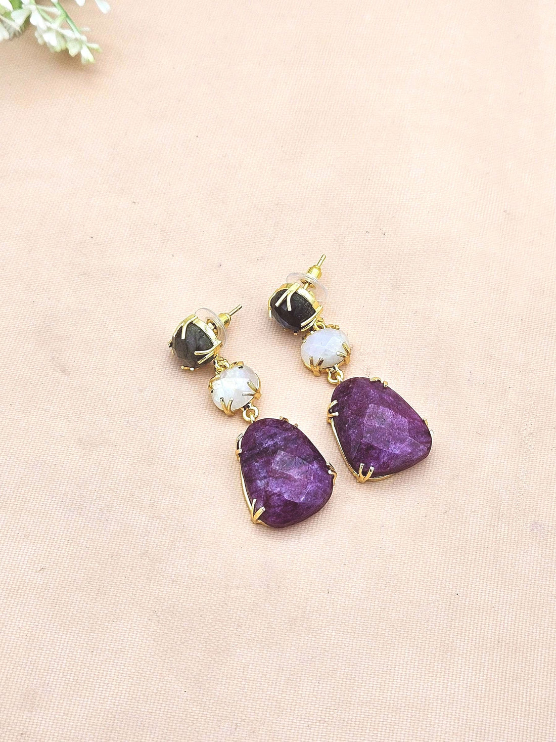 Charming Gold Plated Fine Labradorite-White Rainbow-Red Hathipara Prong Setting Designer Light Weight Dangle Drop Earrings
