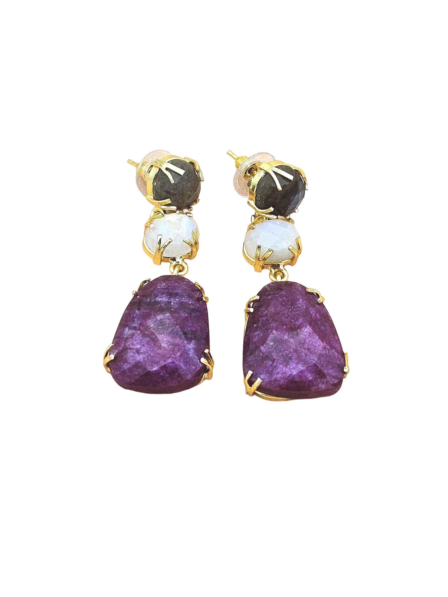 Charming Gold Plated Fine Labradorite-White Rainbow-Red Hathipara Prong Setting Designer Light Weight Dangle Drop Earrings