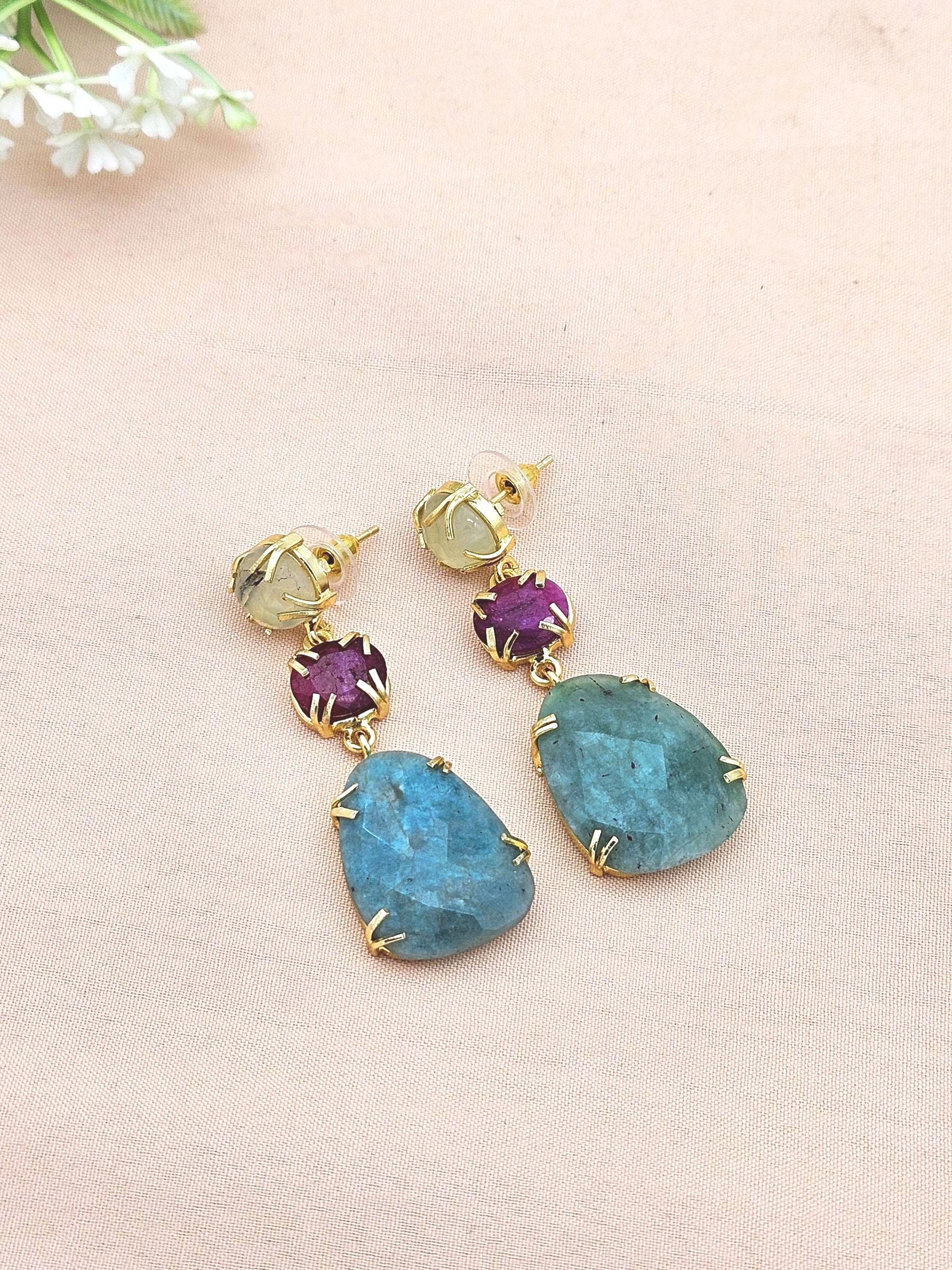 Charming Gold Plated Fine Prehnite-Red Hathipara-Amazonite Prong Setting Designer Light Weight Dangle Drop Earrings