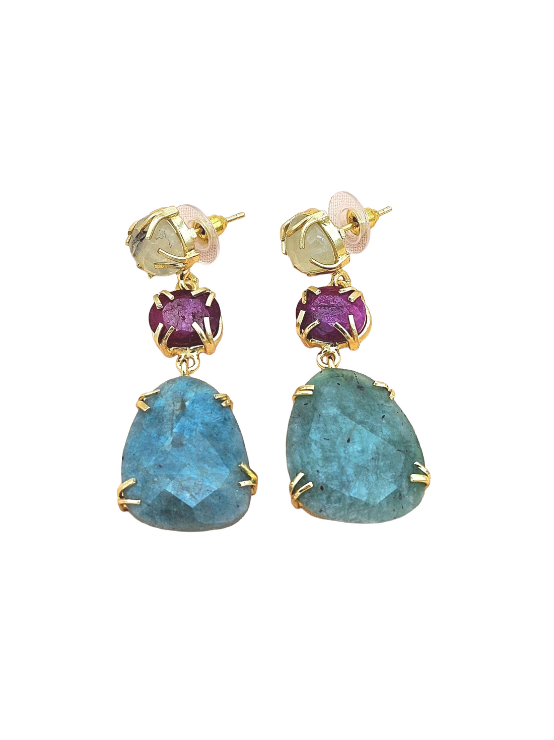 Charming Gold Plated Fine Prehnite-Red Hathipara-Amazonite Prong Setting Designer Light Weight Dangle Drop Earrings