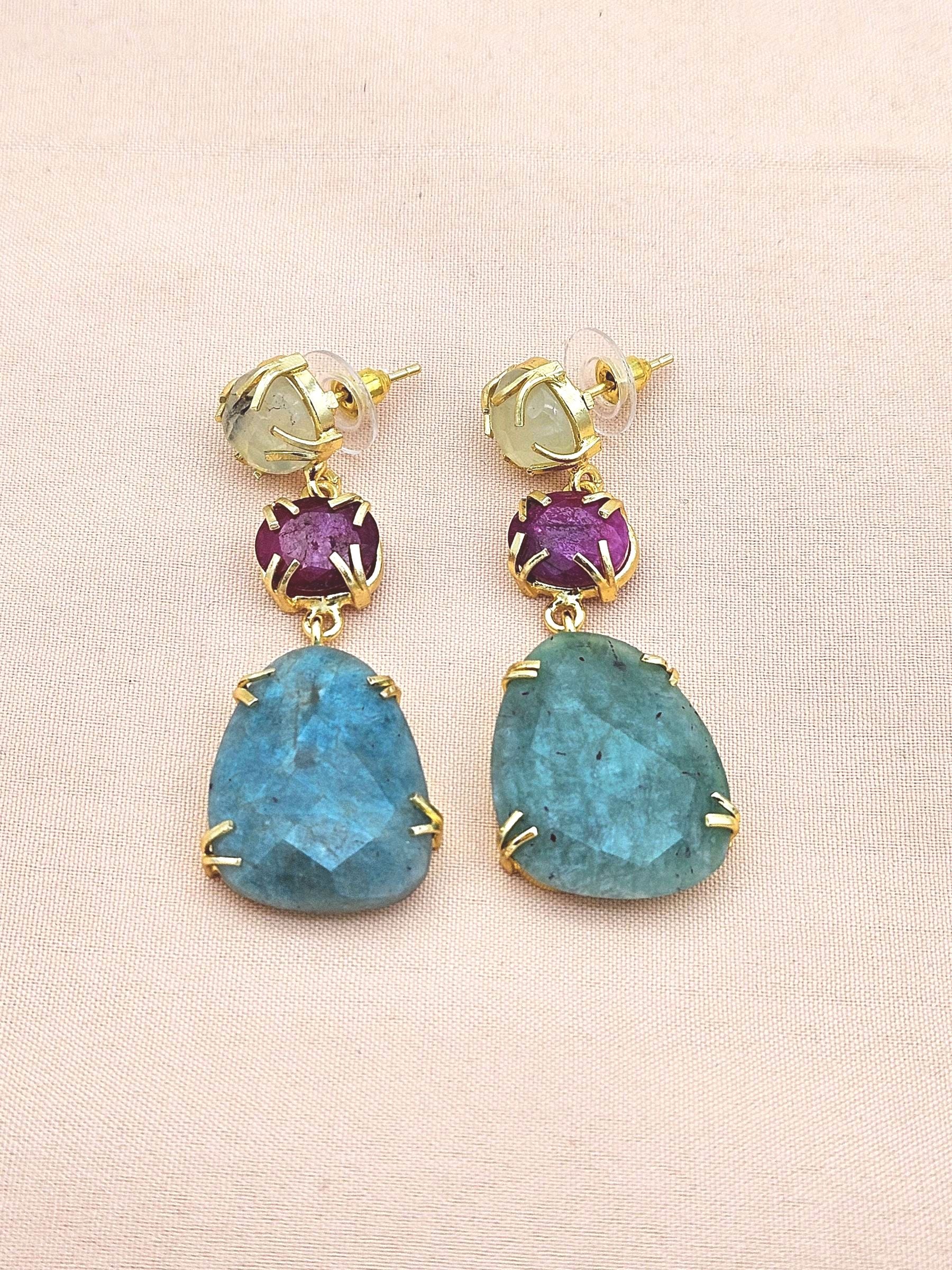 Charming Gold Plated Fine Prehnite-Red Hathipara-Amazonite Prong Setting Designer Light Weight Dangle Drop Earrings