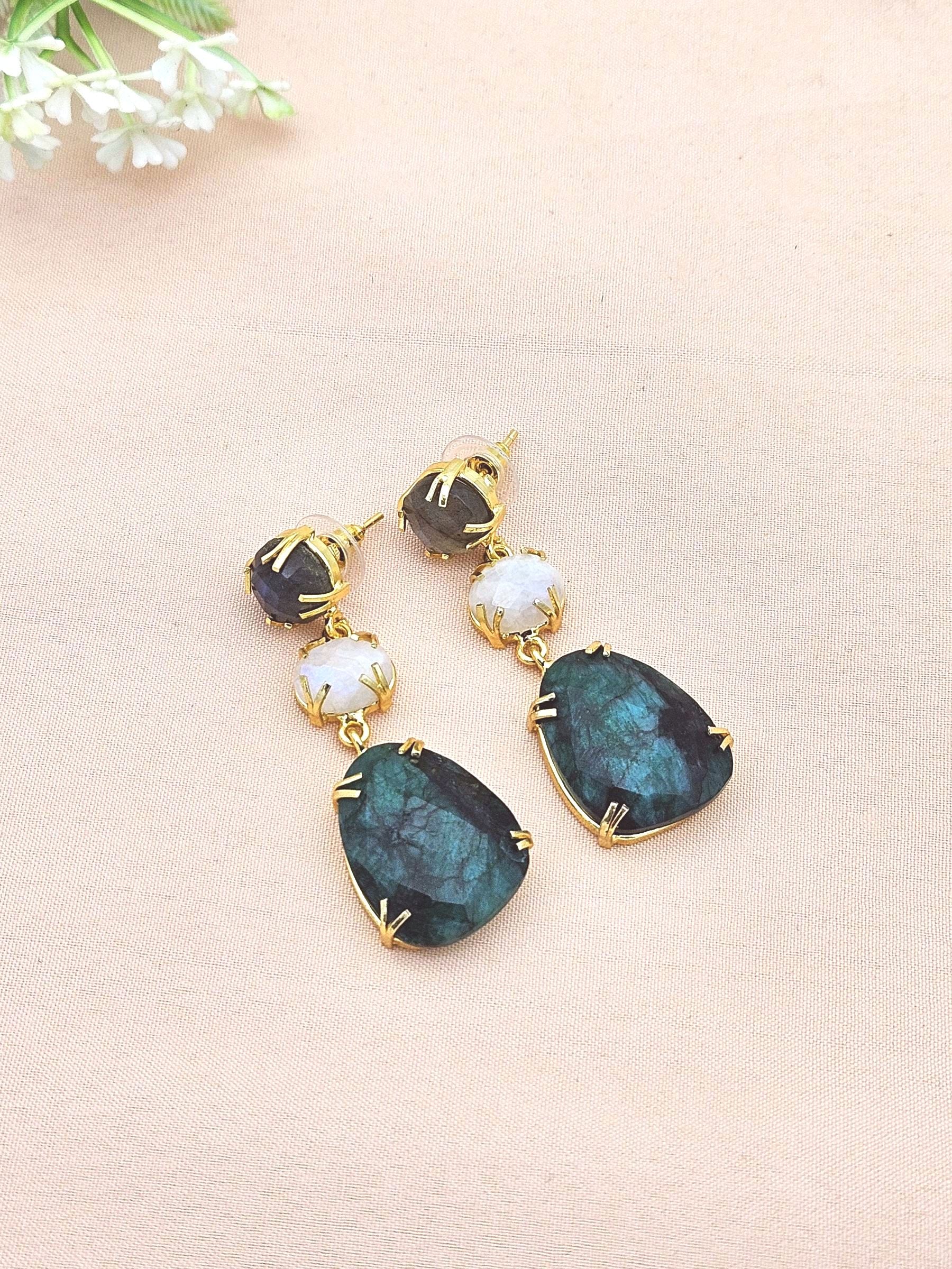 Charming Gold Plated Fine Labradorite-White Rainbow-Green Hathipara Prong Setting Designer Light Weight Dangle Drop Earrings