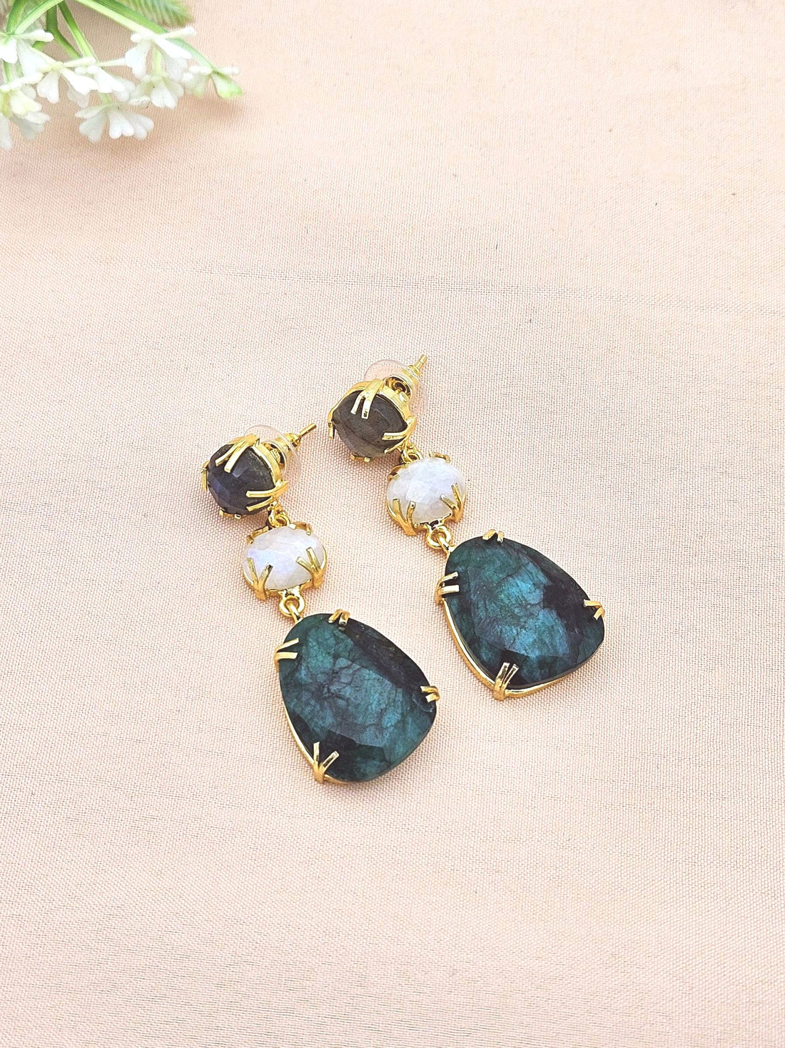 Charming Gold Plated Fine Labradorite-White Rainbow-Green Hathipara Prong Setting Designer Light Weight Dangle Drop Earrings
