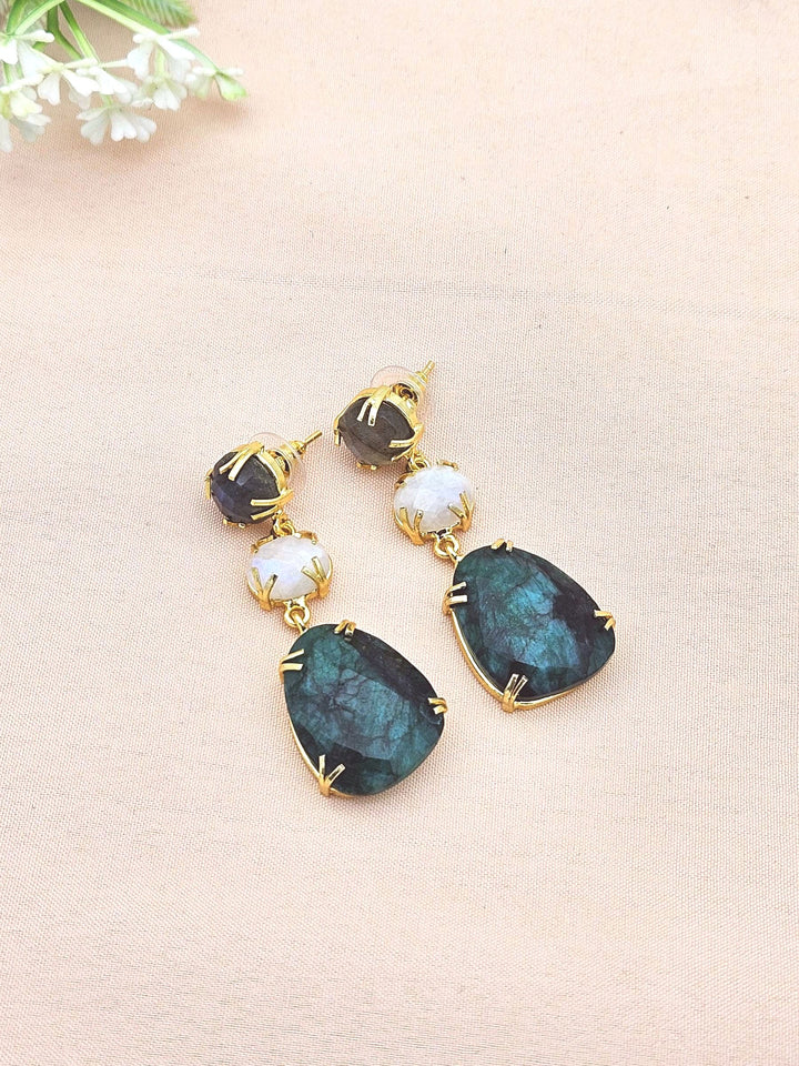 Charming Gold Plated Fine Labradorite-White Rainbow-Green Hathipara Prong Setting Designer Light Weight Dangle Drop Earrings