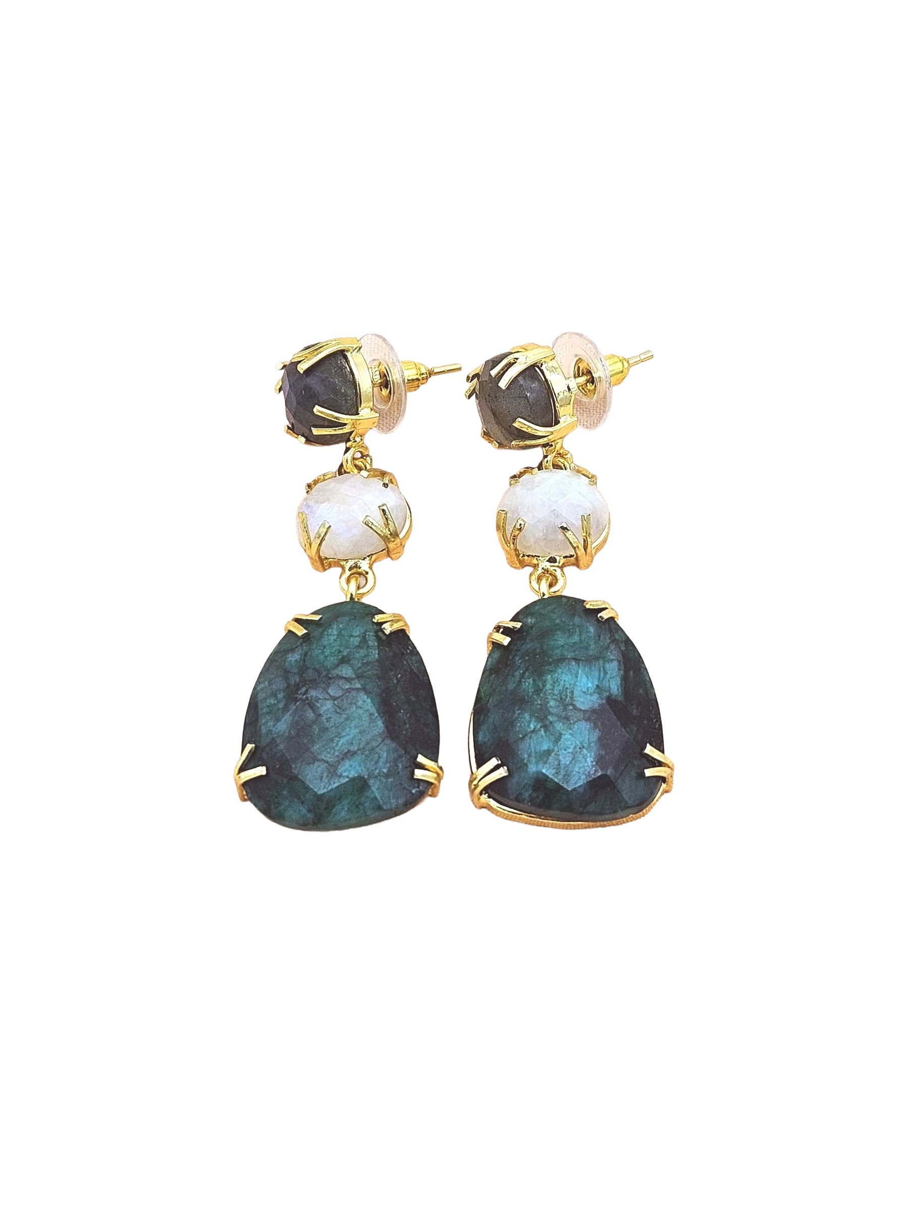 Charming Gold Plated Fine Labradorite-White Rainbow-Green Hathipara Prong Setting Designer Light Weight Dangle Drop Earrings
