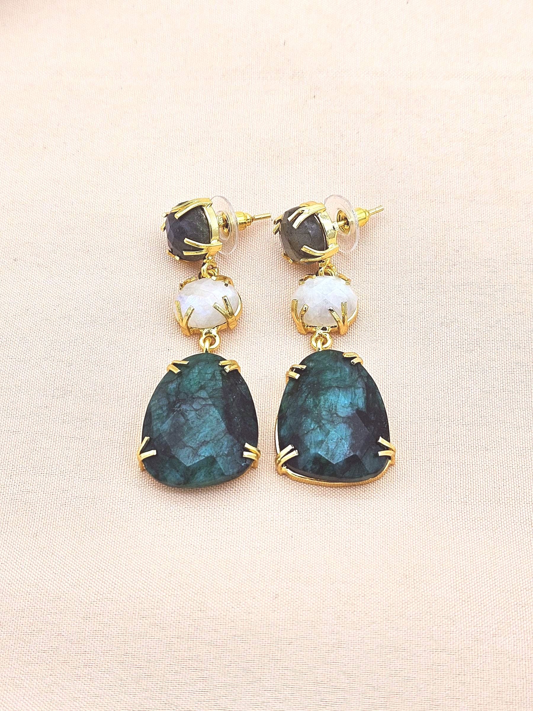 Charming Gold Plated Fine Labradorite-White Rainbow-Green Hathipara Prong Setting Designer Light Weight Dangle Drop Earrings