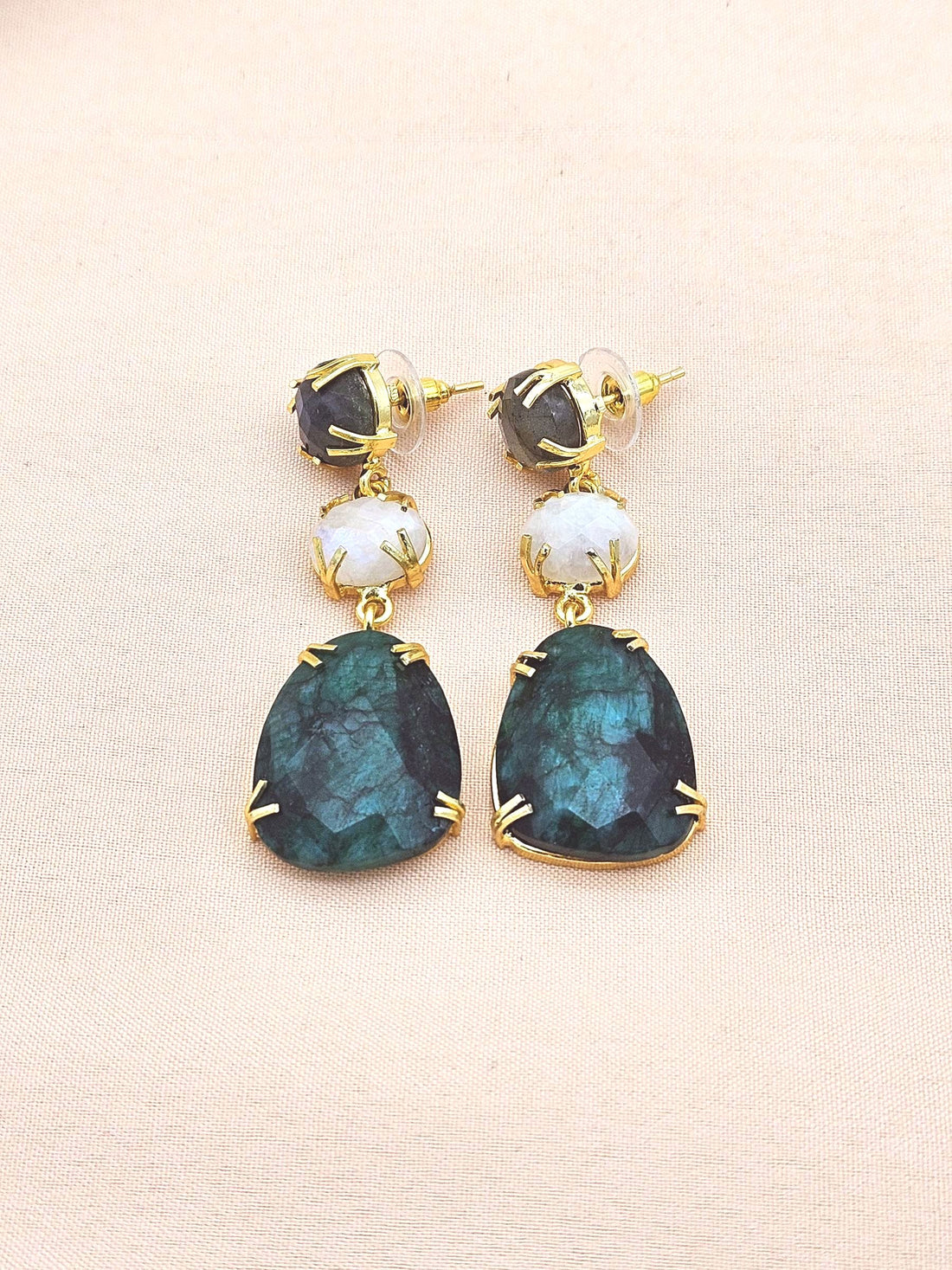 Charming Gold Plated Fine Labradorite-White Rainbow-Green Hathipara Prong Setting Designer Light Weight Dangle Drop Earrings