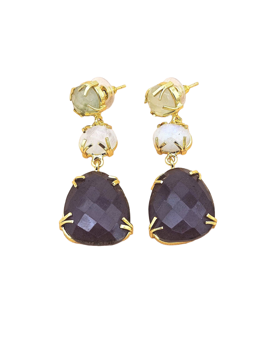 Charming Gold Plated Fine Prehnite-White Rainbow-Amethyst Prong Setting Designer Light Weight Dangle Drop Earrings