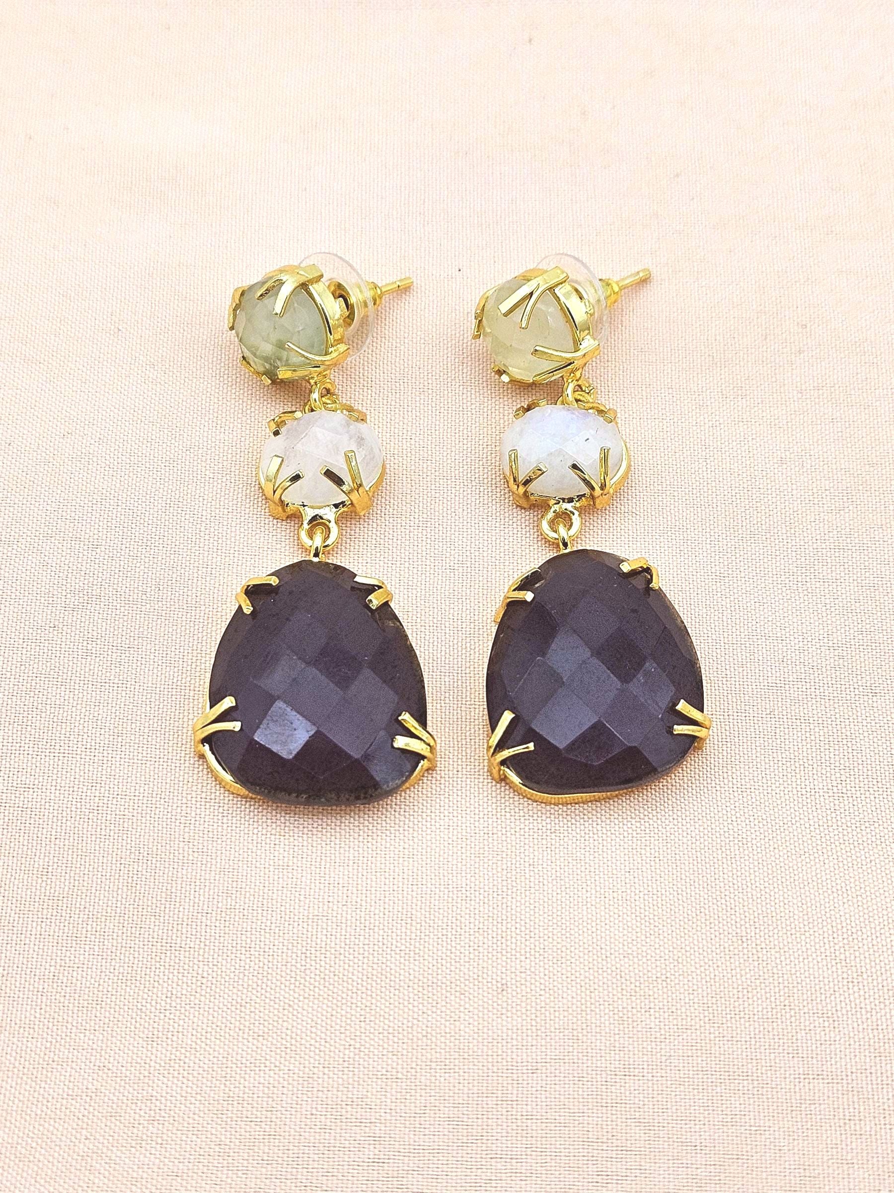 Charming Gold Plated Fine Prehnite-White Rainbow-Amethyst Prong Setting Designer Light Weight Dangle Drop Earrings
