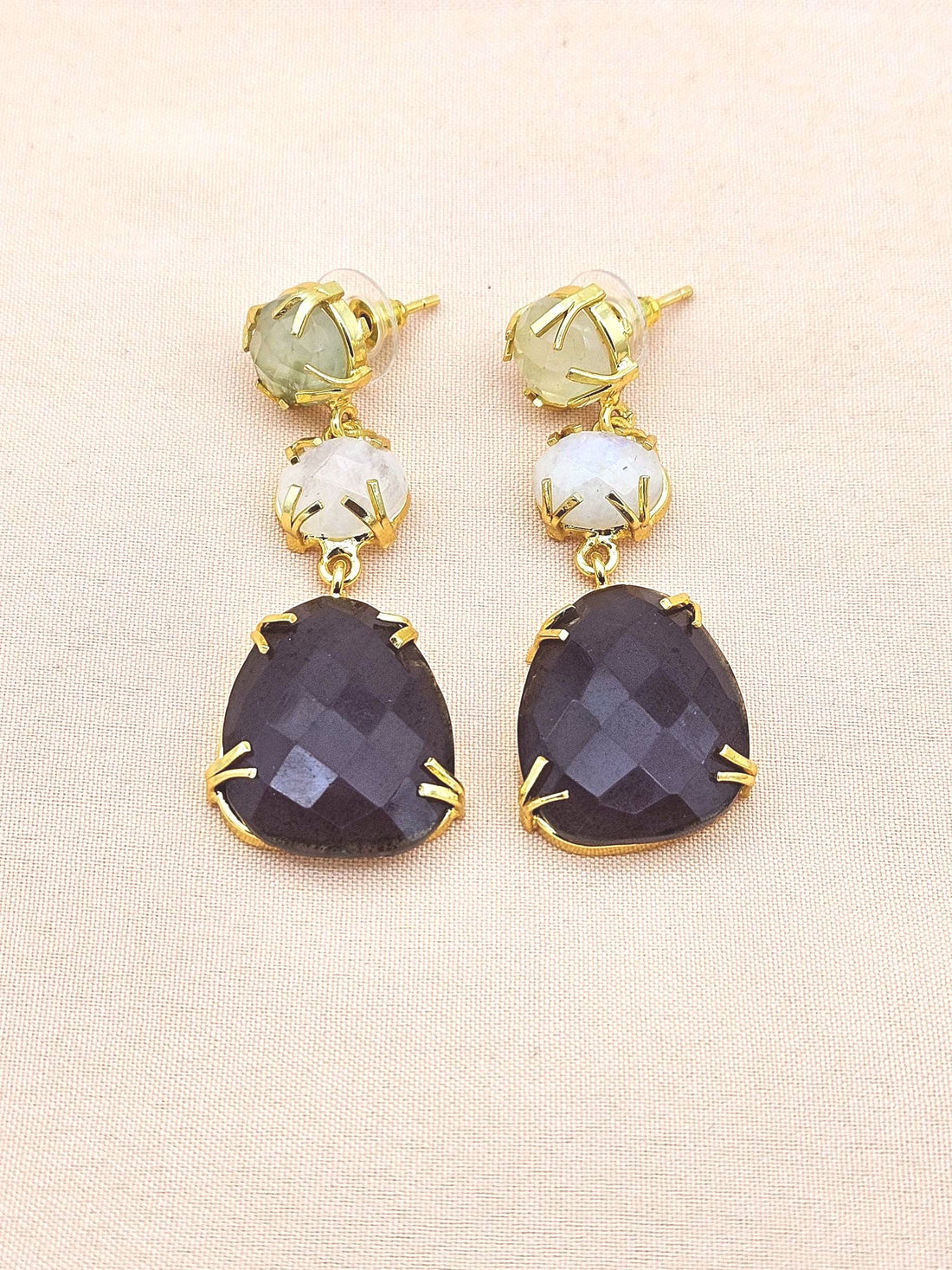 Charming Gold Plated Fine Prehnite-White Rainbow-Amethyst Prong Setting Designer Light Weight Dangle Drop Earrings