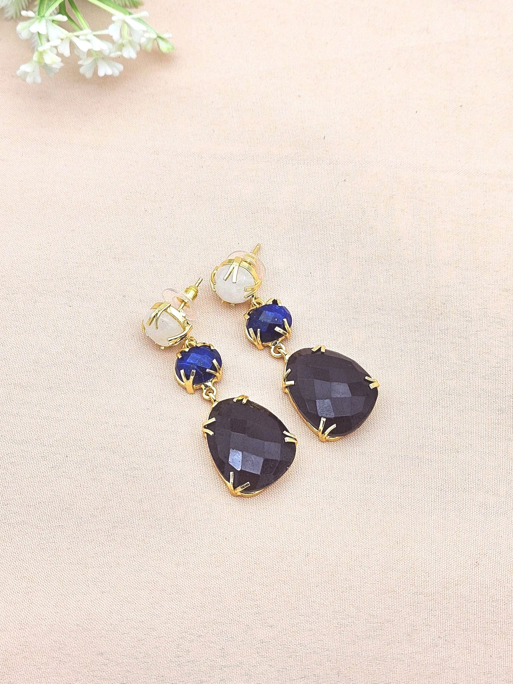Charming Gold Plated Fine White Rainbow-Lapis-Amethyst Prong Setting Designer Light Weight Dangle Drop Earrings