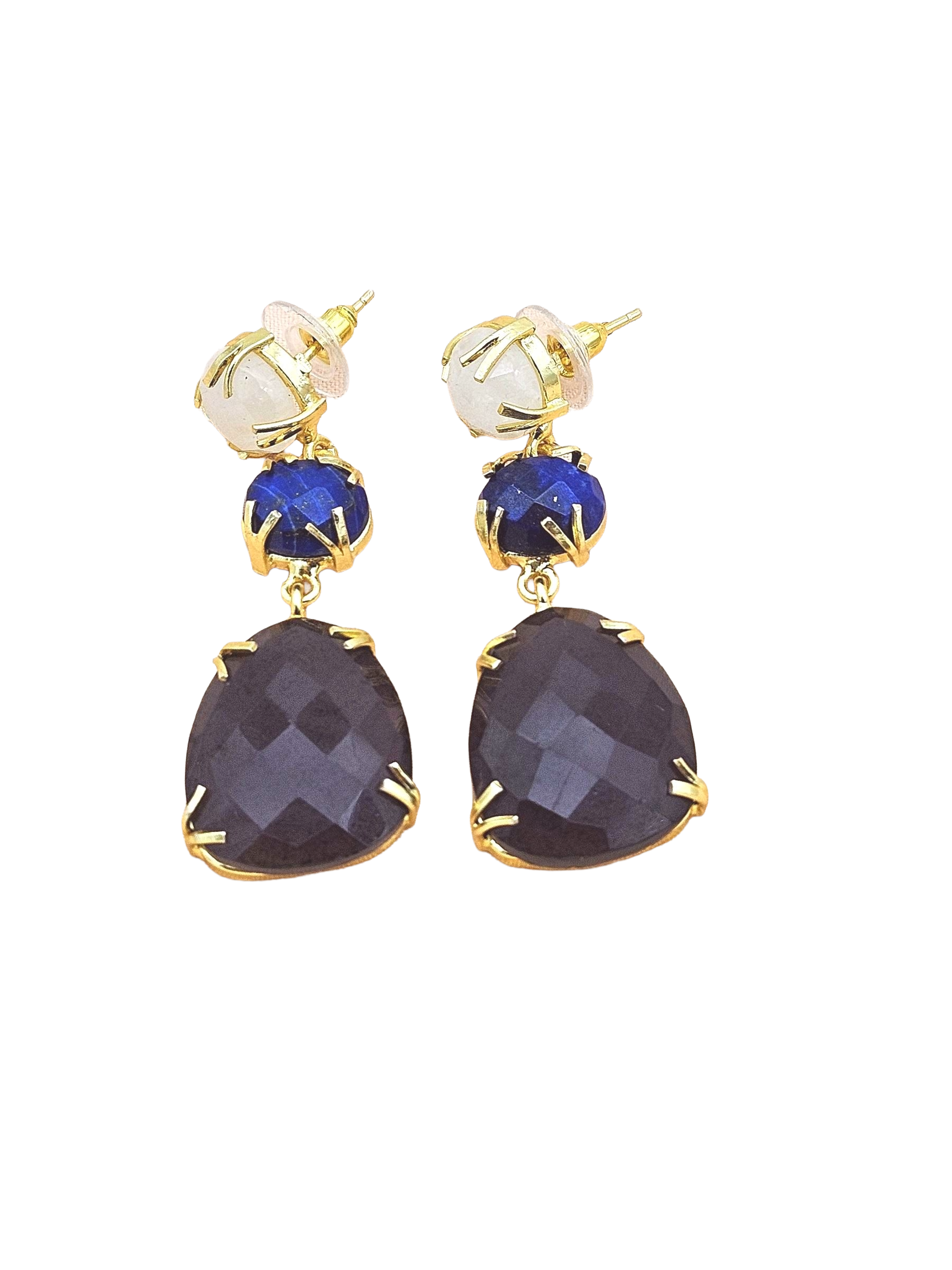 Charming Gold Plated Fine White Rainbow-Lapis-Amethyst Prong Setting Designer Light Weight Dangle Drop Earrings