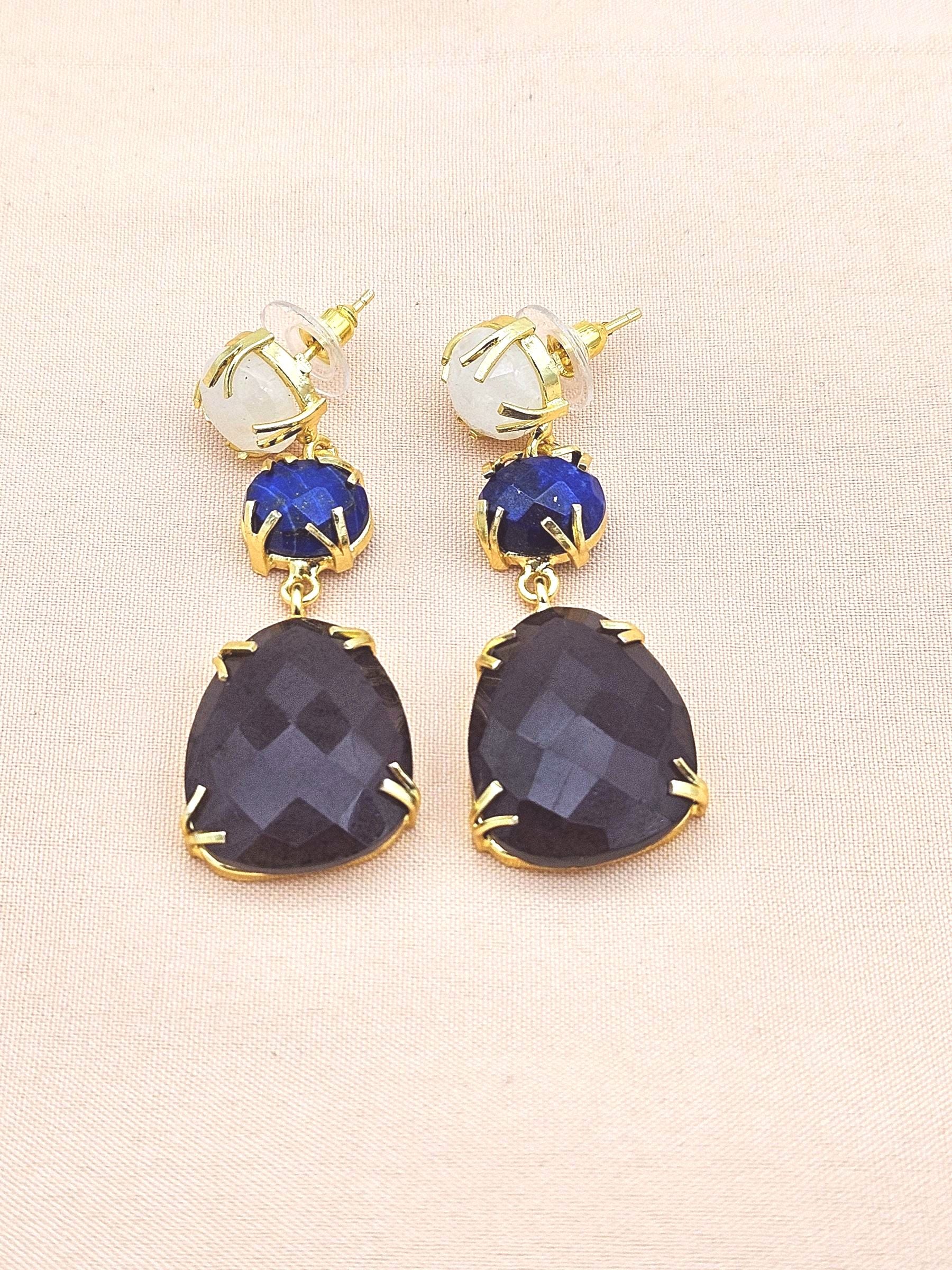 Charming Gold Plated Fine White Rainbow-Lapis-Amethyst Prong Setting Designer Light Weight Dangle Drop Earrings