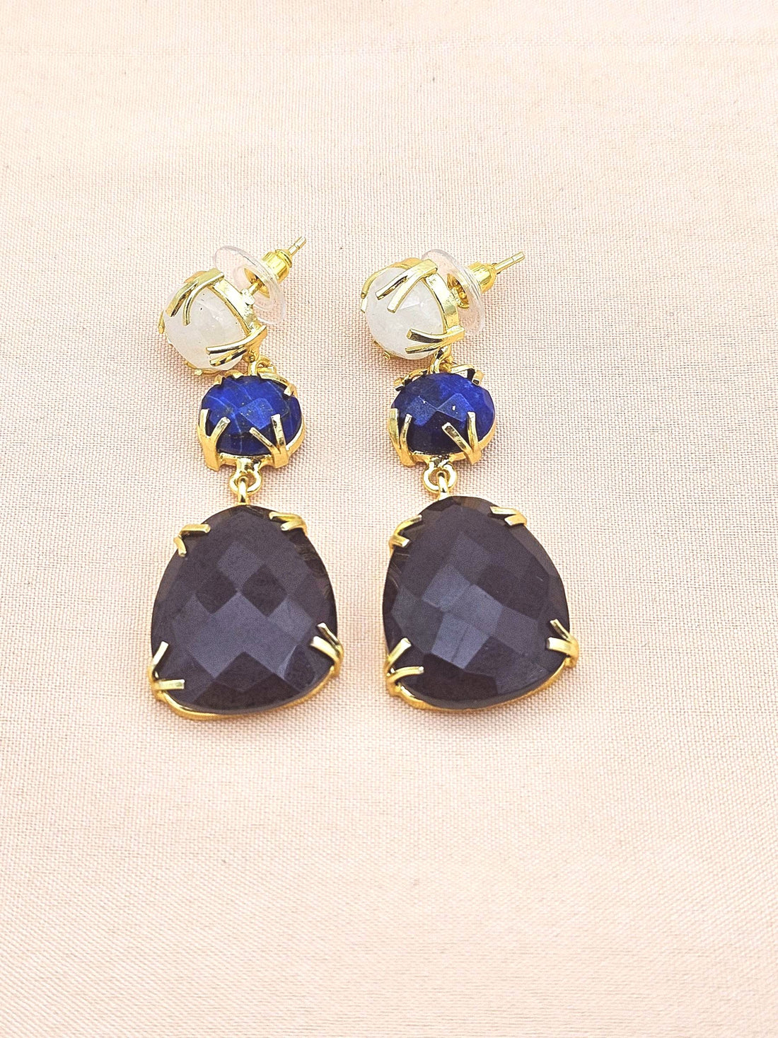 Charming Gold Plated Fine White Rainbow-Lapis-Amethyst Prong Setting Designer Light Weight Dangle Drop Earrings