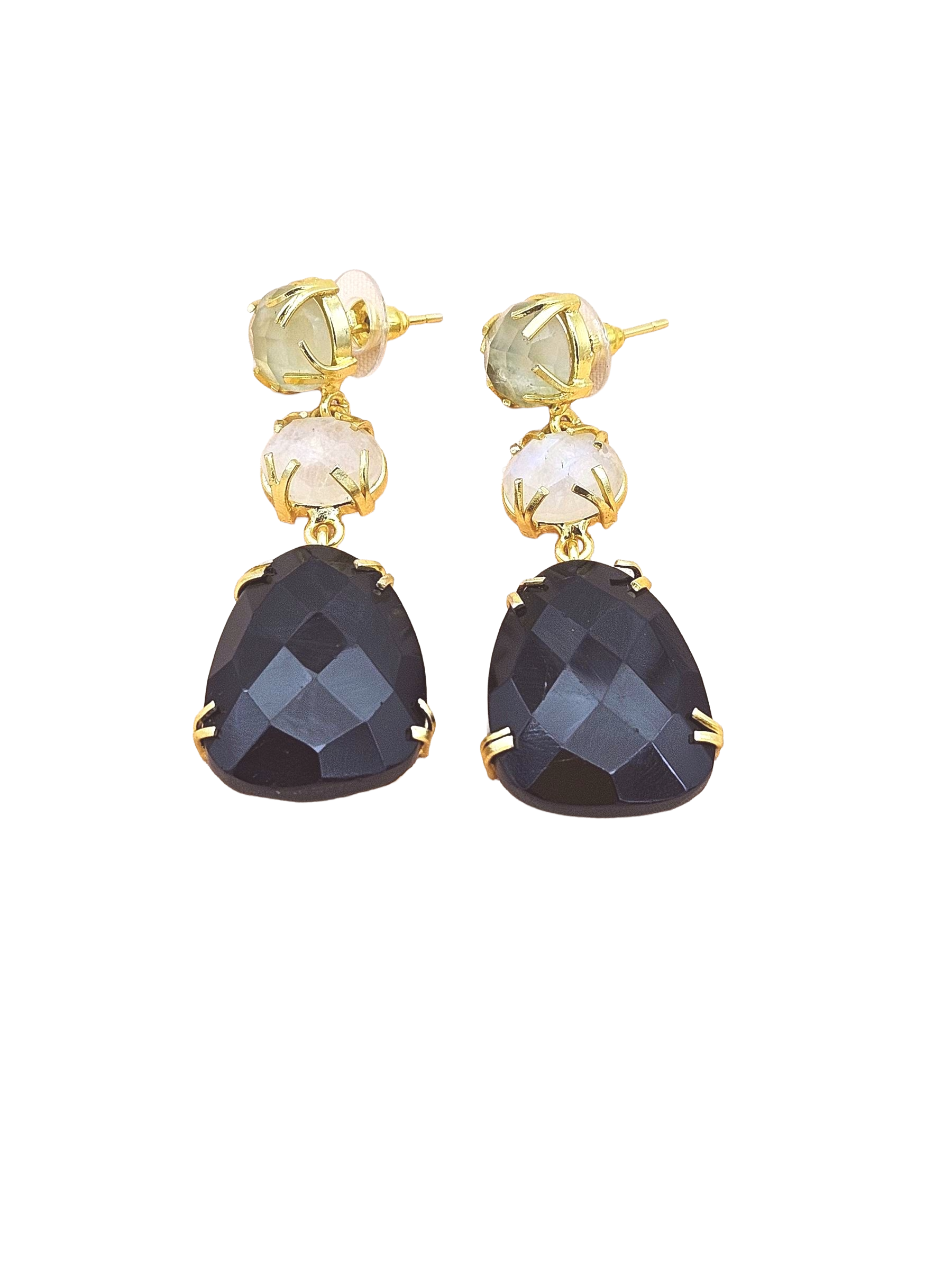 Charming Gold Plated Fine Prehnite-White Rainbow-Black Onyx Prong Setting Designer Light Weight Dangle Drop Earrings