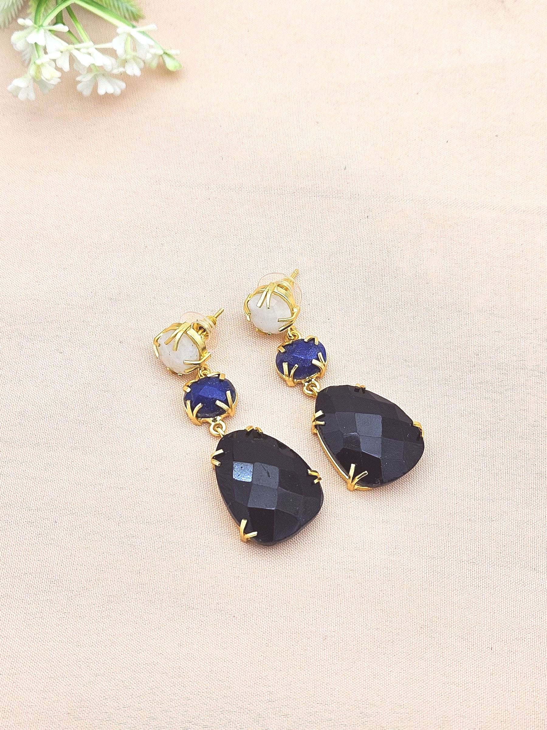 Charming Gold Plated Fine White Rainbow-Lapis-Black Onyx Prong Setting Designer Light Weight Dangle Drop Earrings
