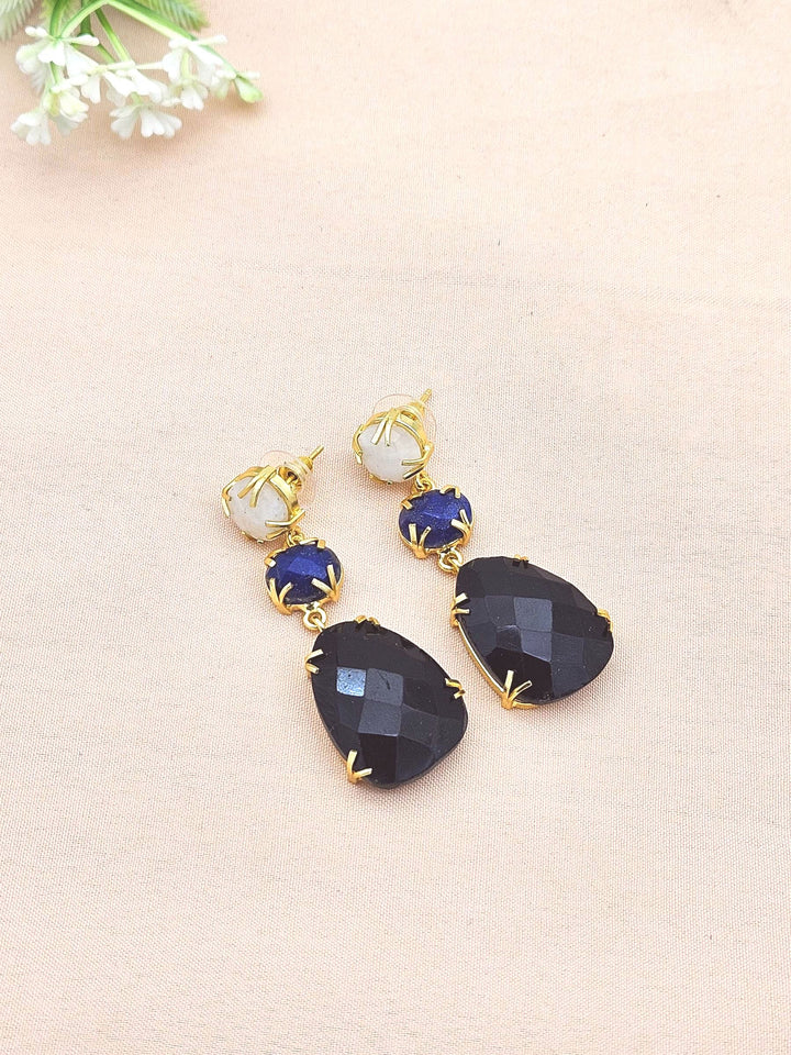 Charming Gold Plated Fine White Rainbow-Lapis-Black Onyx Prong Setting Designer Light Weight Dangle Drop Earrings
