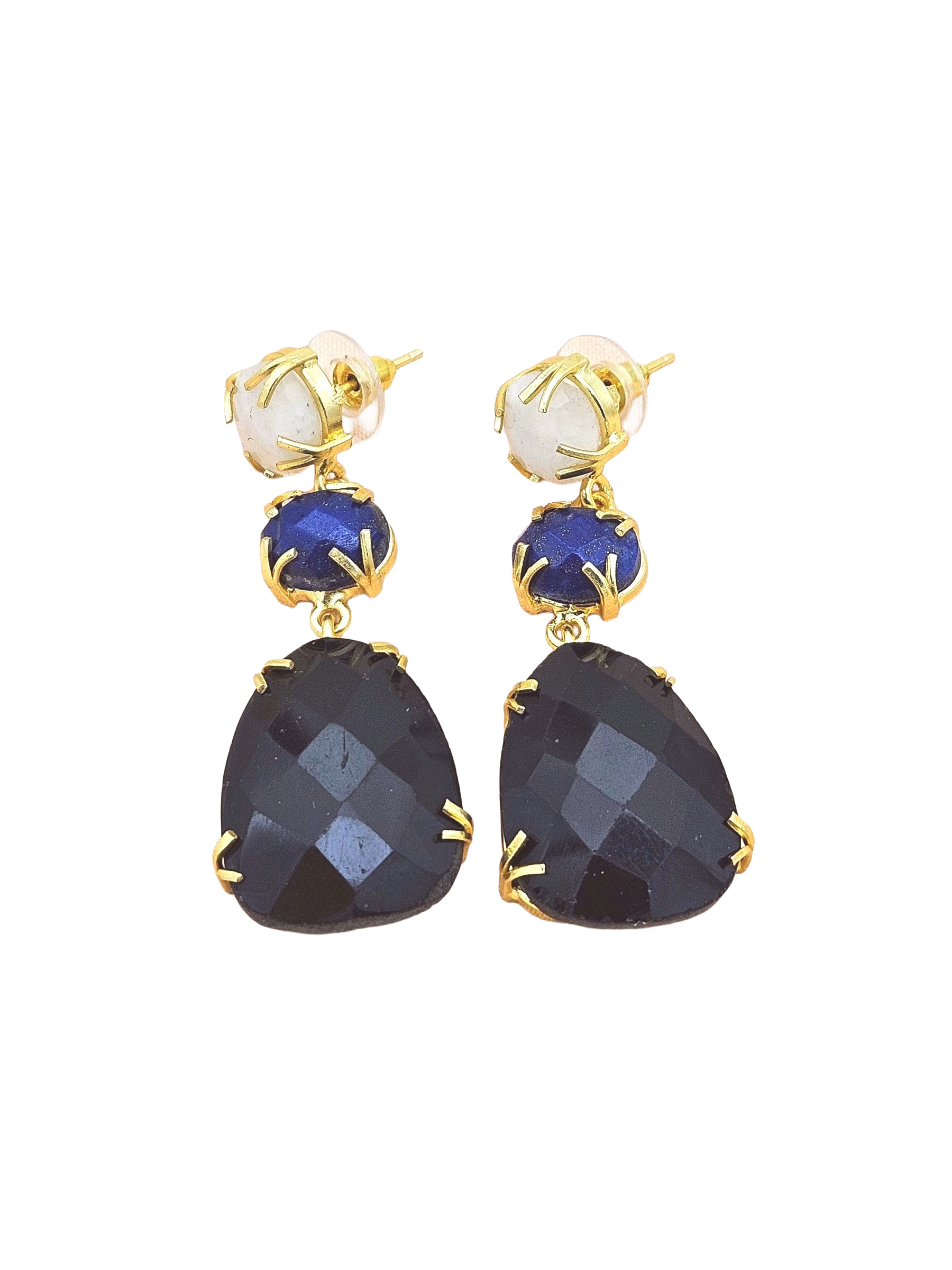 Charming Gold Plated Fine White Rainbow-Lapis-Black Onyx Prong Setting Designer Light Weight Dangle Drop Earrings