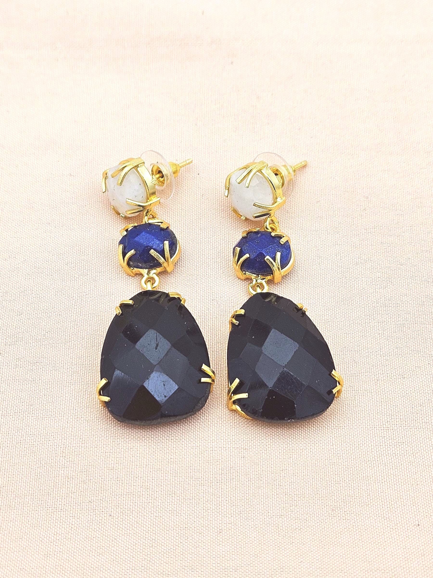 Charming Gold Plated Fine White Rainbow-Lapis-Black Onyx Prong Setting Designer Light Weight Dangle Drop Earrings