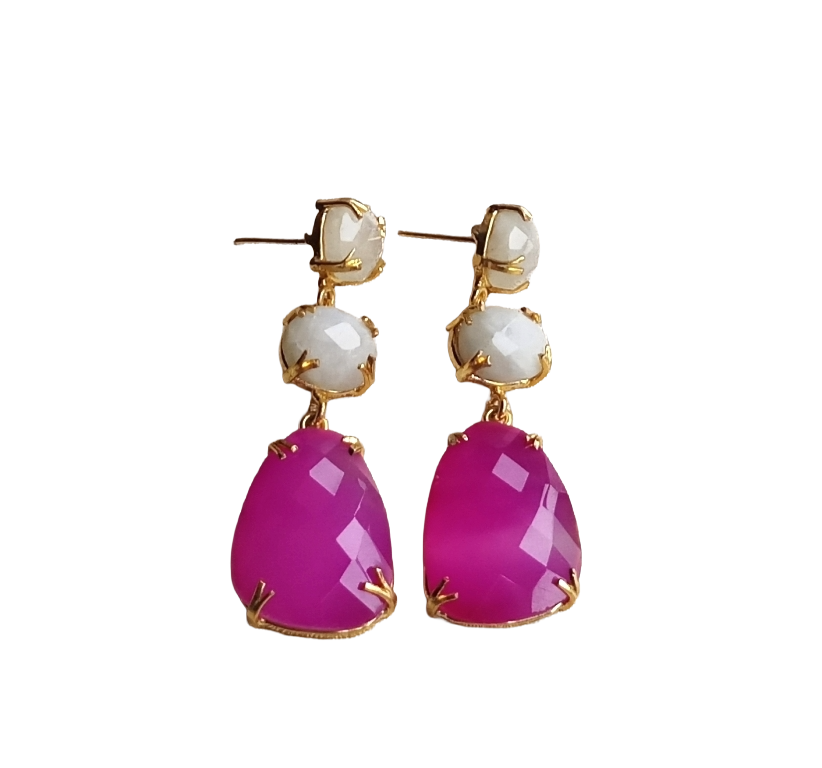 Stunning Gold Plated Prong Dangle Earrings- Handcrafted Semi Precious Stone Jewelry