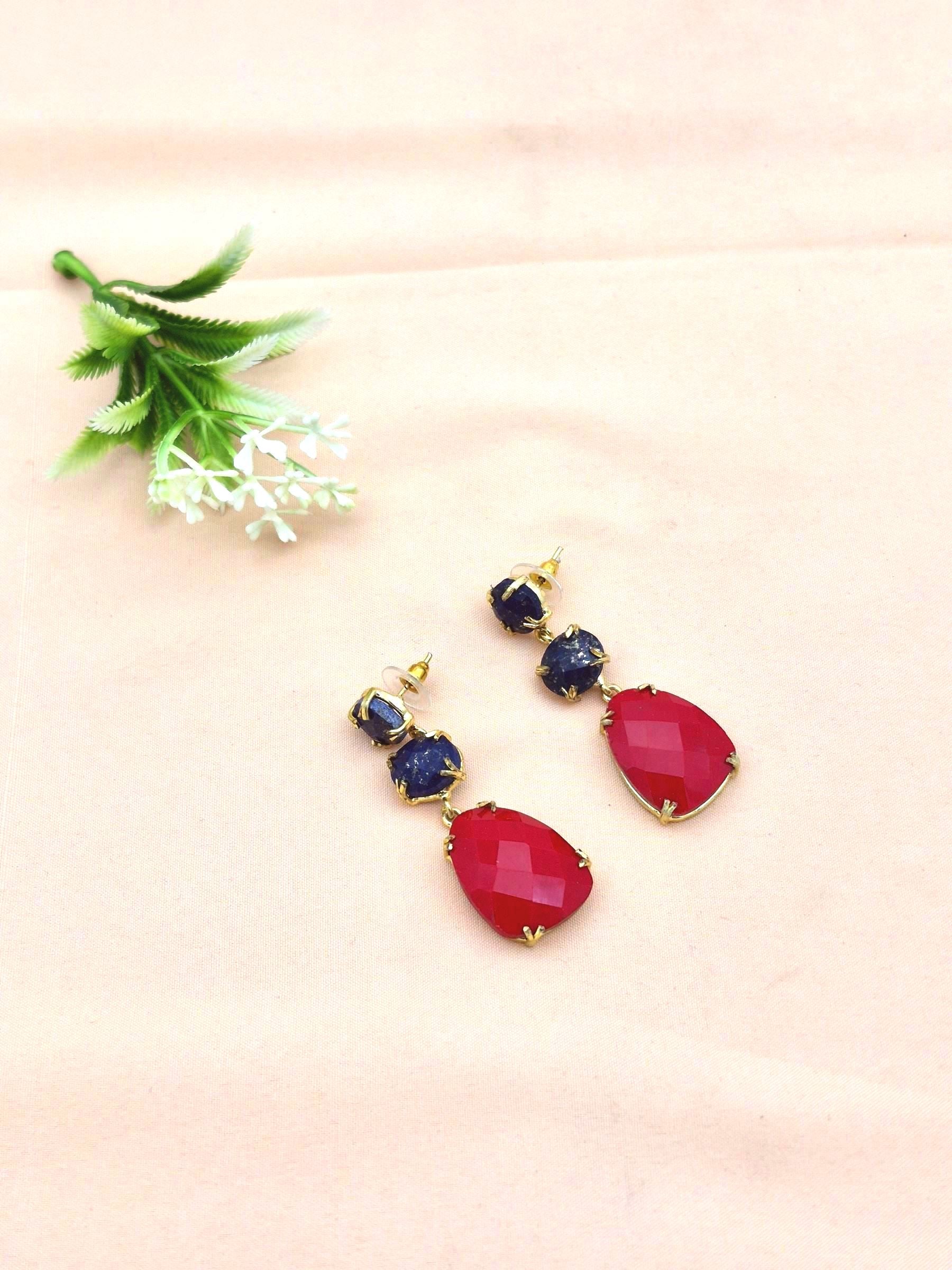 Stunning Gold Plated Prong Dangle Earrings- Handcrafted Semi Precious / Imitation Stone Jewelry