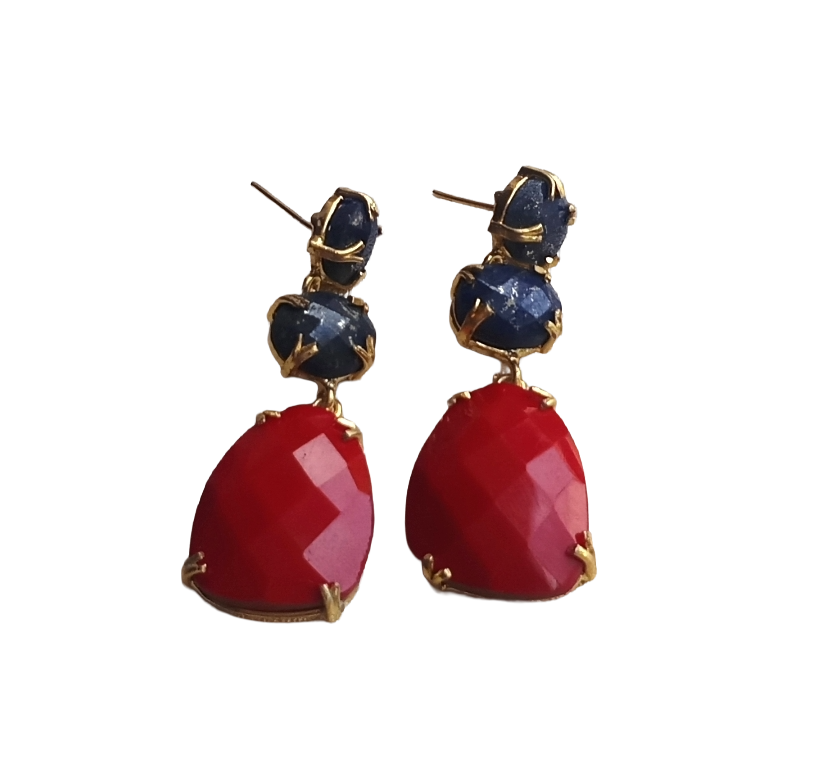 Stunning Gold Plated Prong Dangle Earrings- Handcrafted Semi Precious / Imitation Stone Jewelry