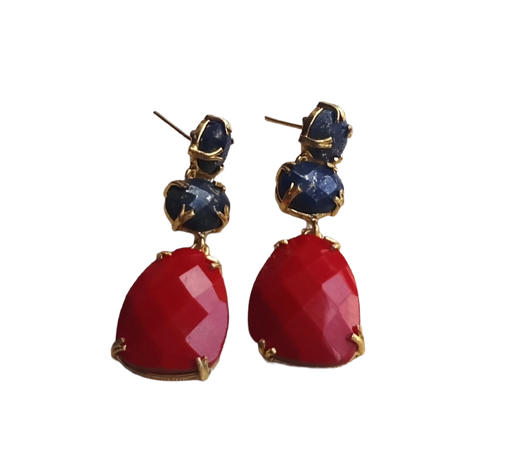 Stunning Gold Plated Prong Dangle Earrings- Handcrafted Semi Precious / Imitation Stone Jewelry
