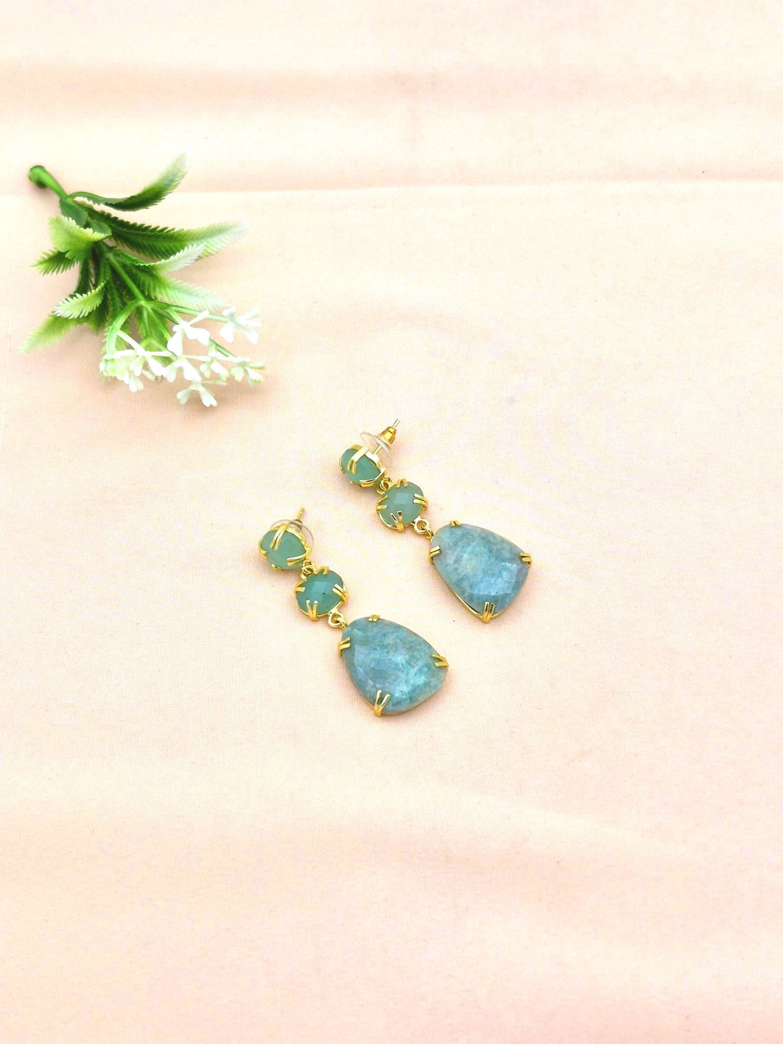 Stunning Gold Plated Prong Dangle Earrings- Handcrafted Semi Precious Stone Jewelry
