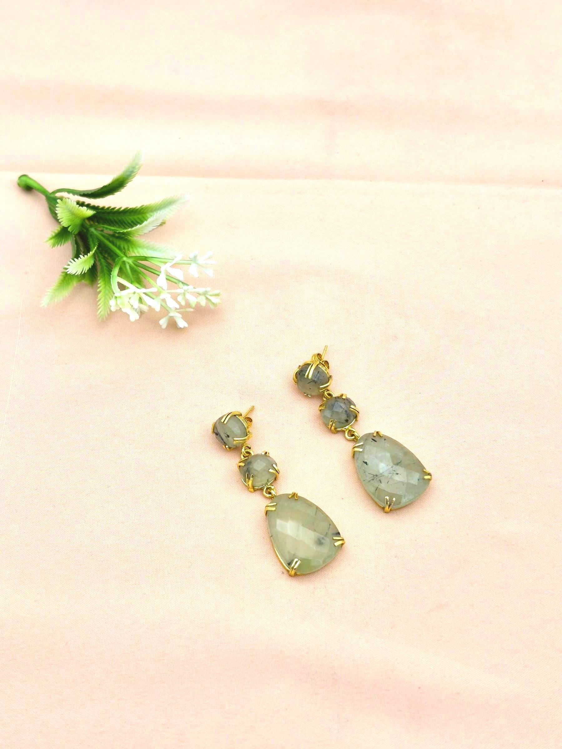 Stunning Gold Plated Prong Dangle Earrings- Handcrafted Semi Precious Stone Jewelry