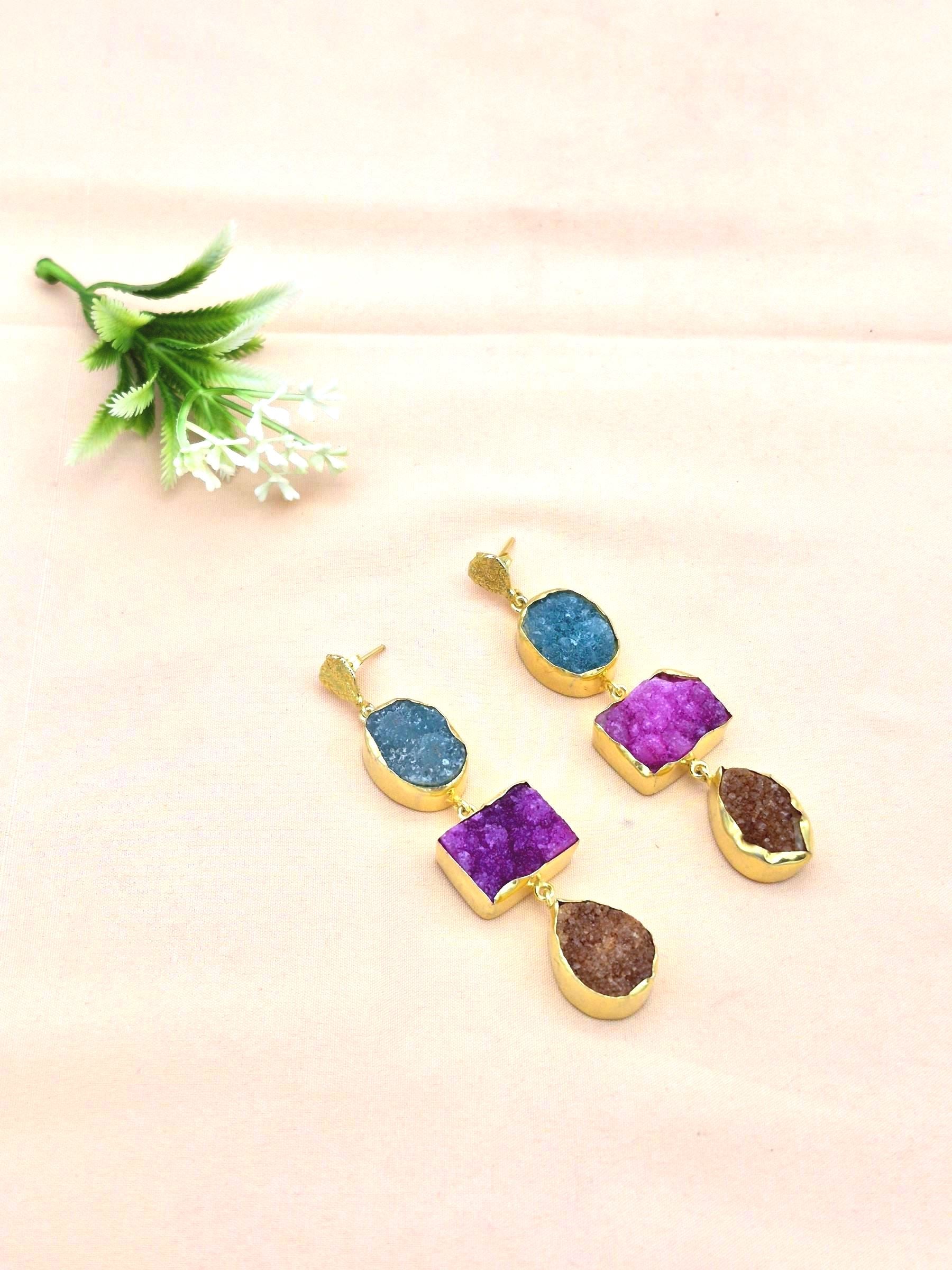 Gold Plated Brass Dangle Earrings – Semi Precious Gem Stone Handcrafted Jewelry