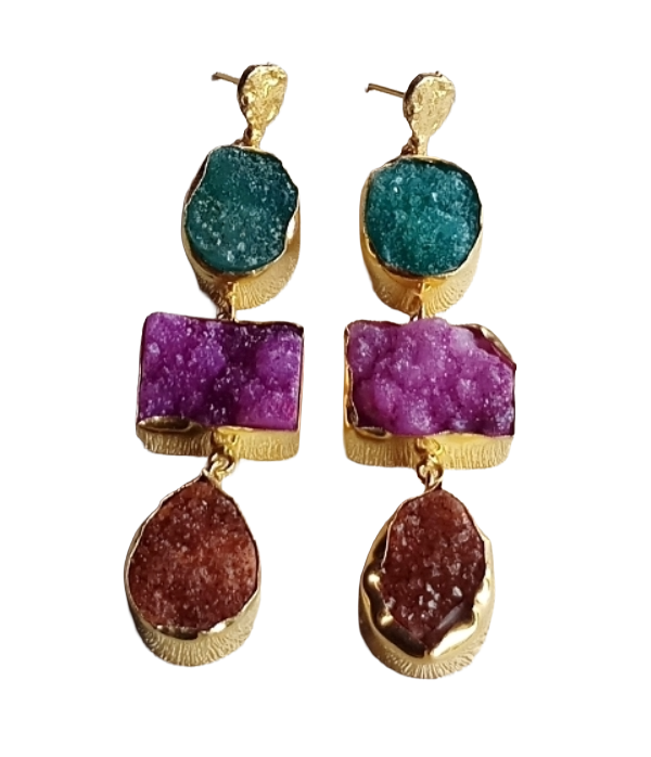 Gold Plated Brass Dangle Earrings – Semi Precious Gem Stone Handcrafted Jewelry