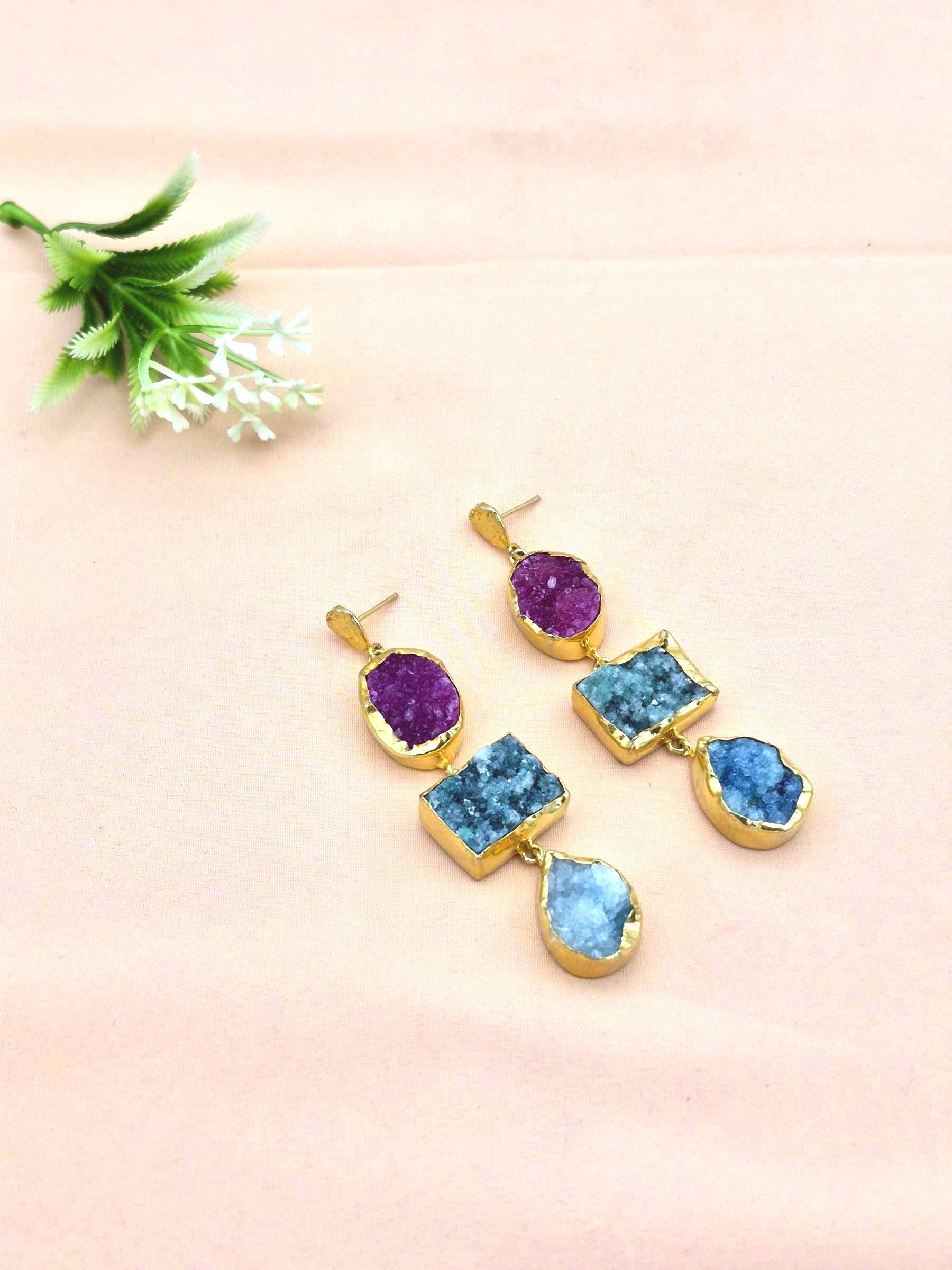 Gold Plated Brass Dangle Earrings – Semi Precious Gem Stone Handcrafted Jewelry