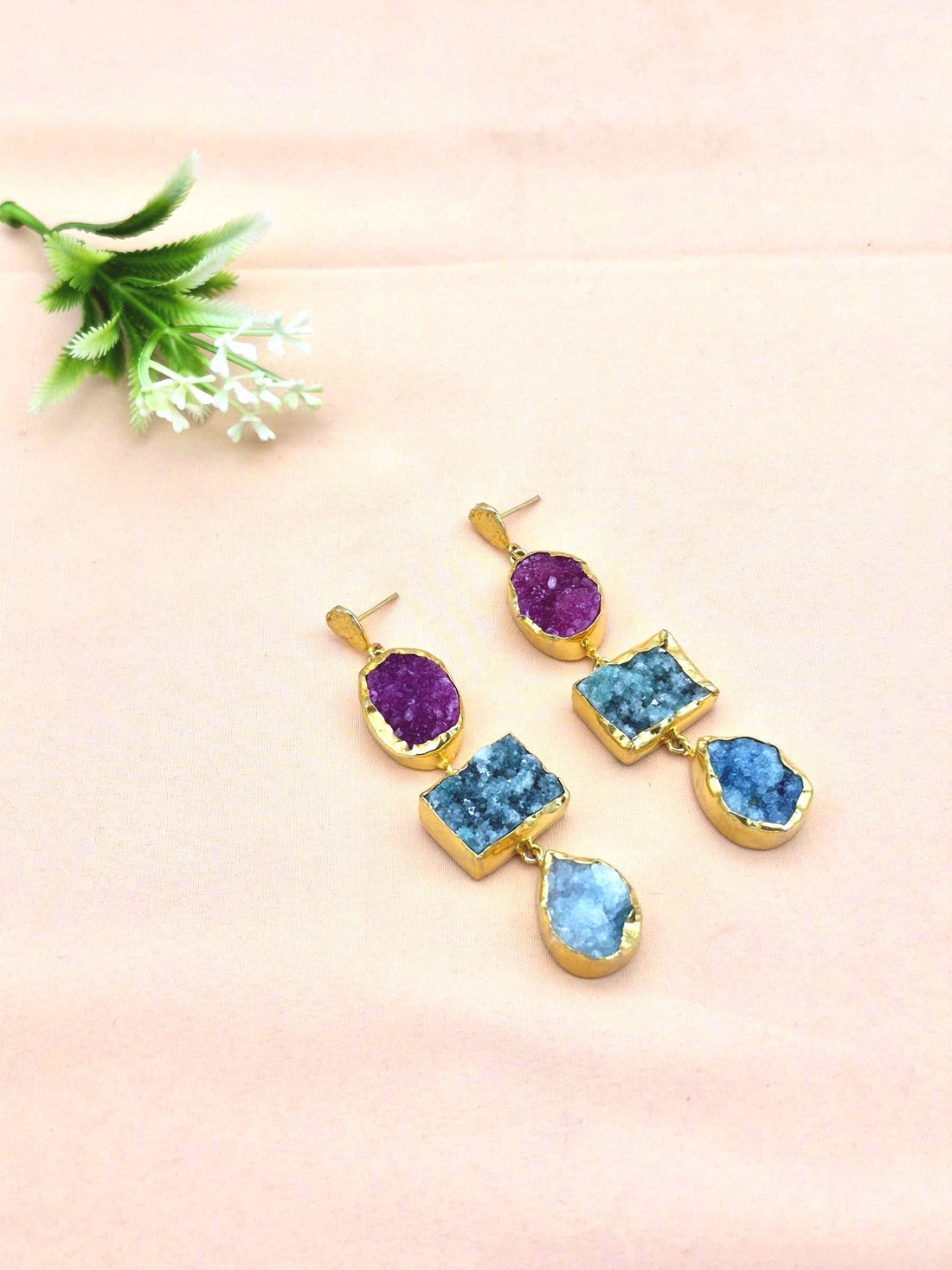 Gold Plated Brass Dangle Earrings – Semi Precious Gem Stone Handcrafted Jewelry