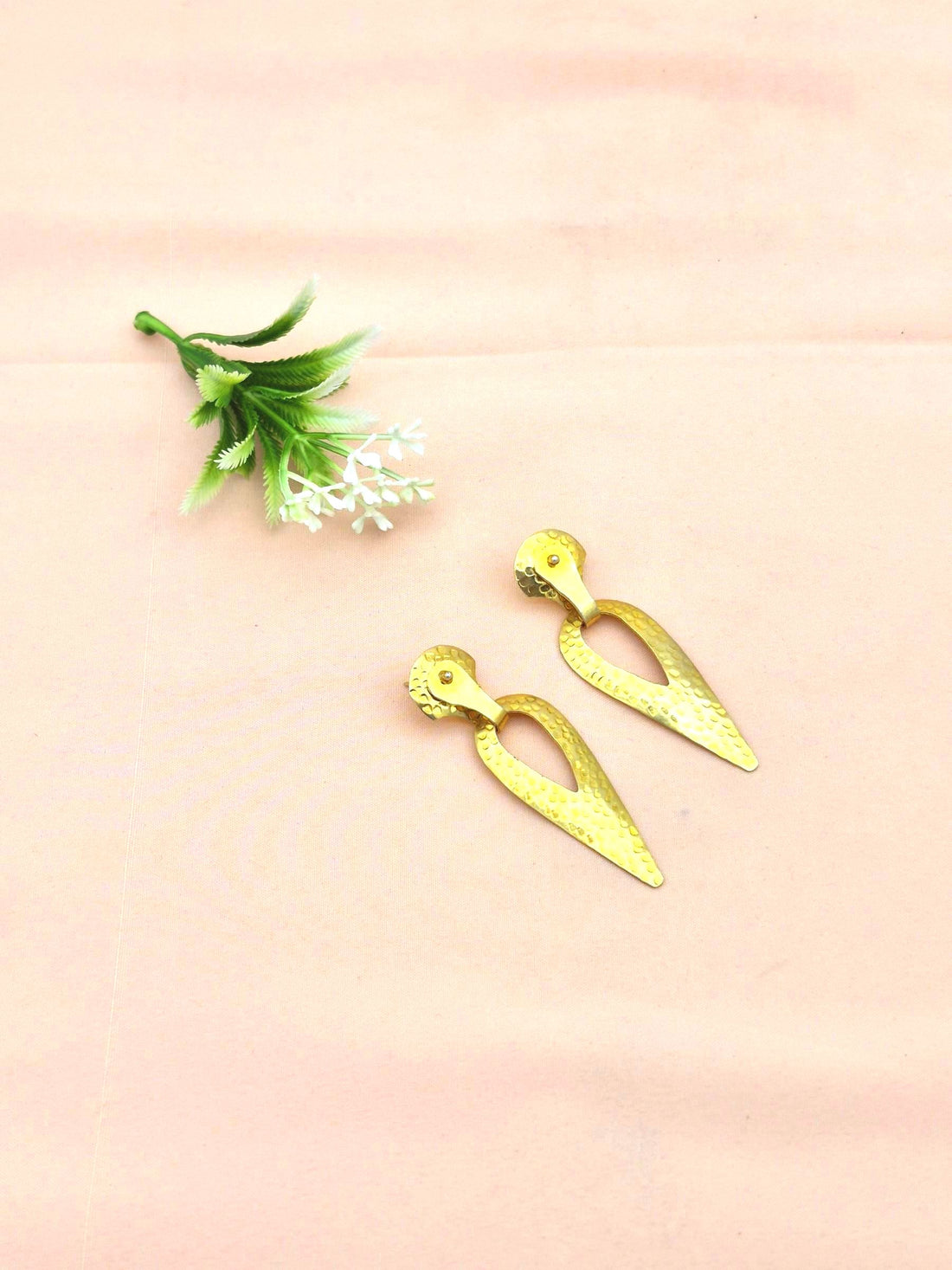 Gold Plated Brass Dangle Earrings – Hammered Leaf Designer Handcrafted Jewelry