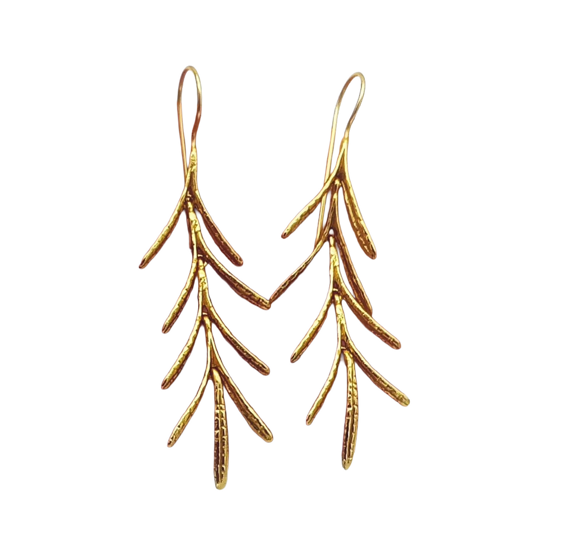 Gold Plated Brass Dangle Earrings – Hammered Leaf Designer Handcrafted Jewelry