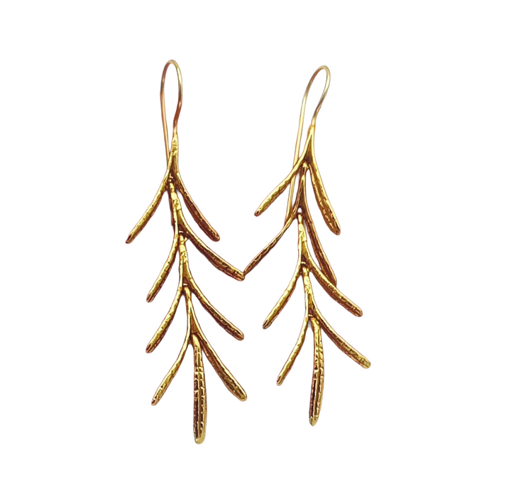 Gold Plated Brass Dangle Earrings – Hammered Leaf Designer Handcrafted Jewelry