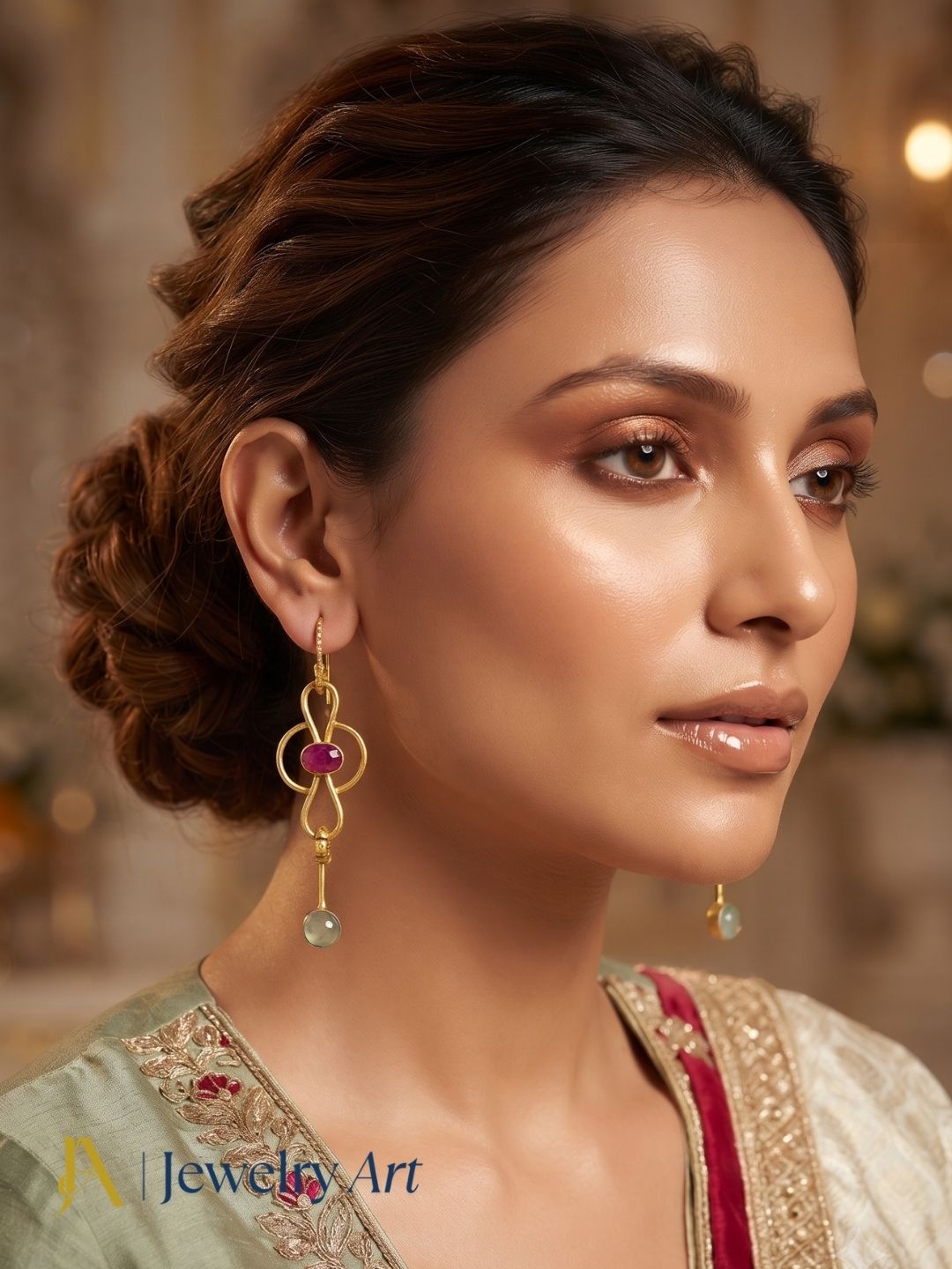 Model showcasing designer Prehnite Red Hathipara gemstone earrings
