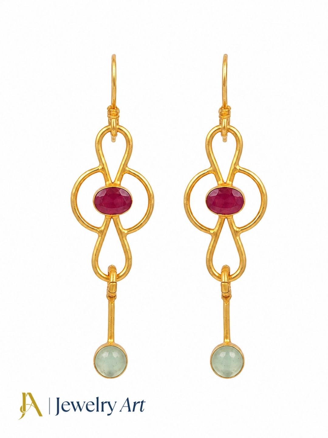 Designer gold plated Prehnite Red Hathipara earrings isolated on white background
