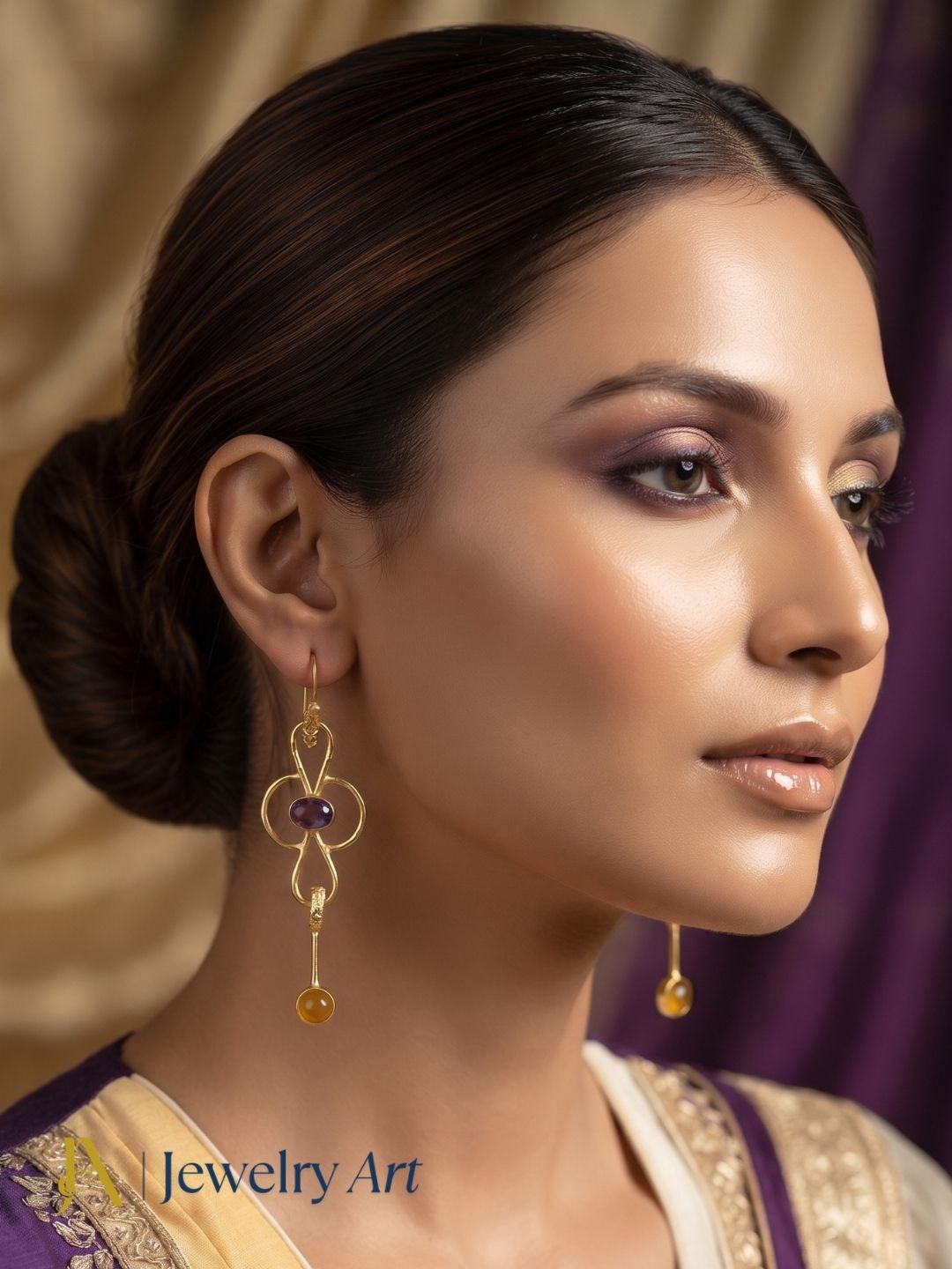 Woman styling lightweight Amethyst Yellow Chalcedony gemstone earrings
